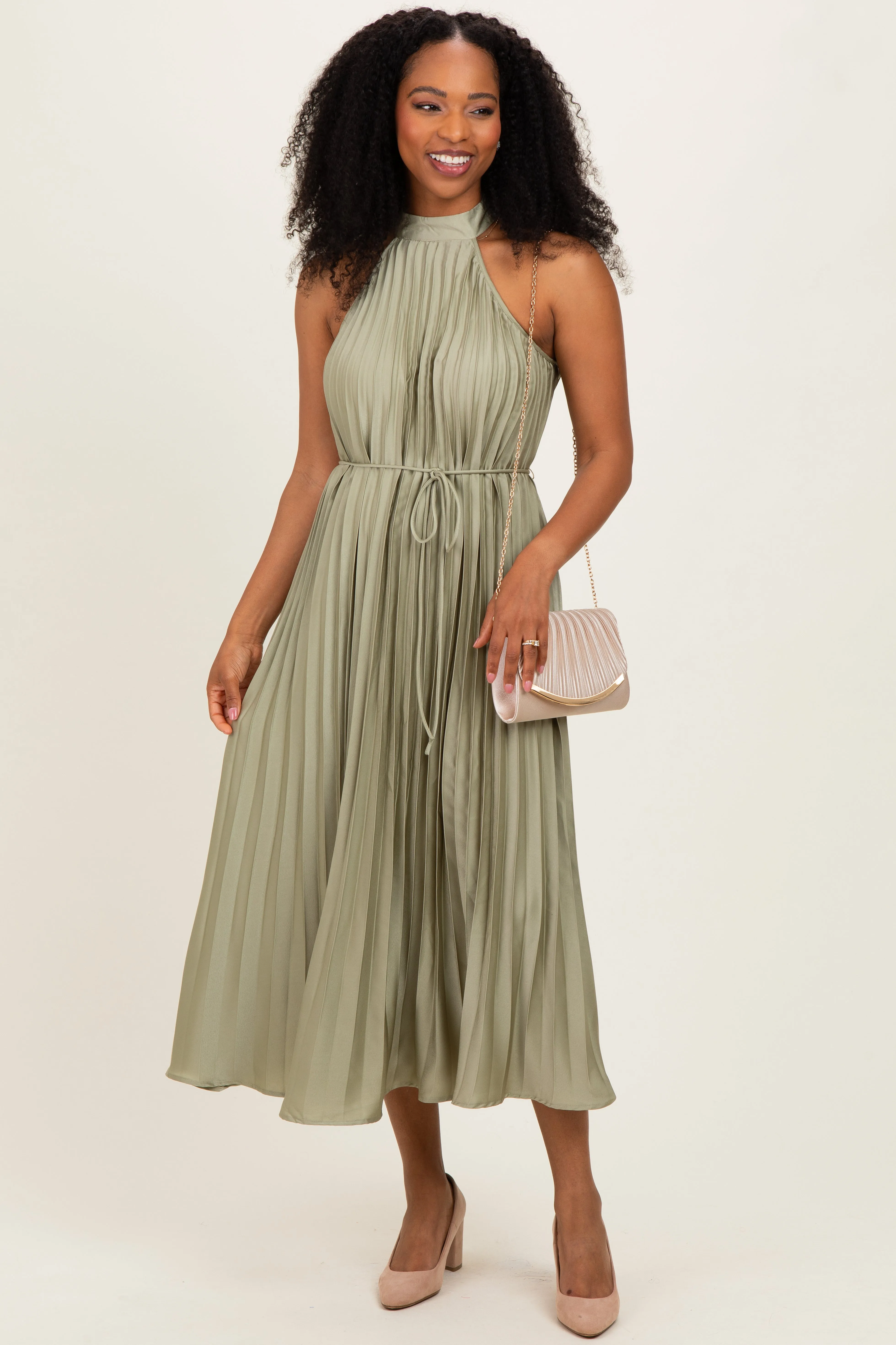 Light Olive Pleated Halter Dress sold by Pinkblush