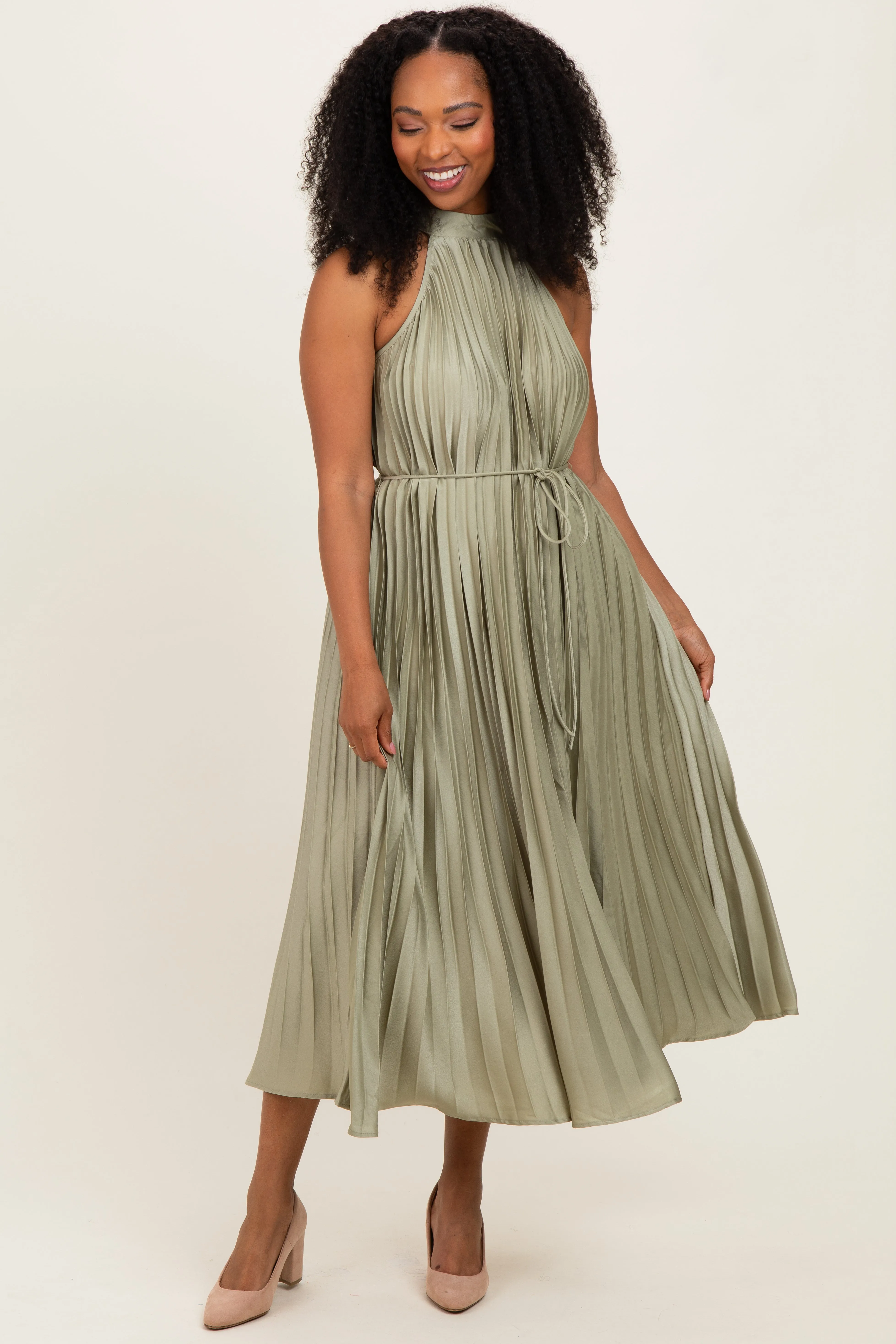Light Olive Pleated Halter Dress sold by Pinkblush product image thumbnail 2