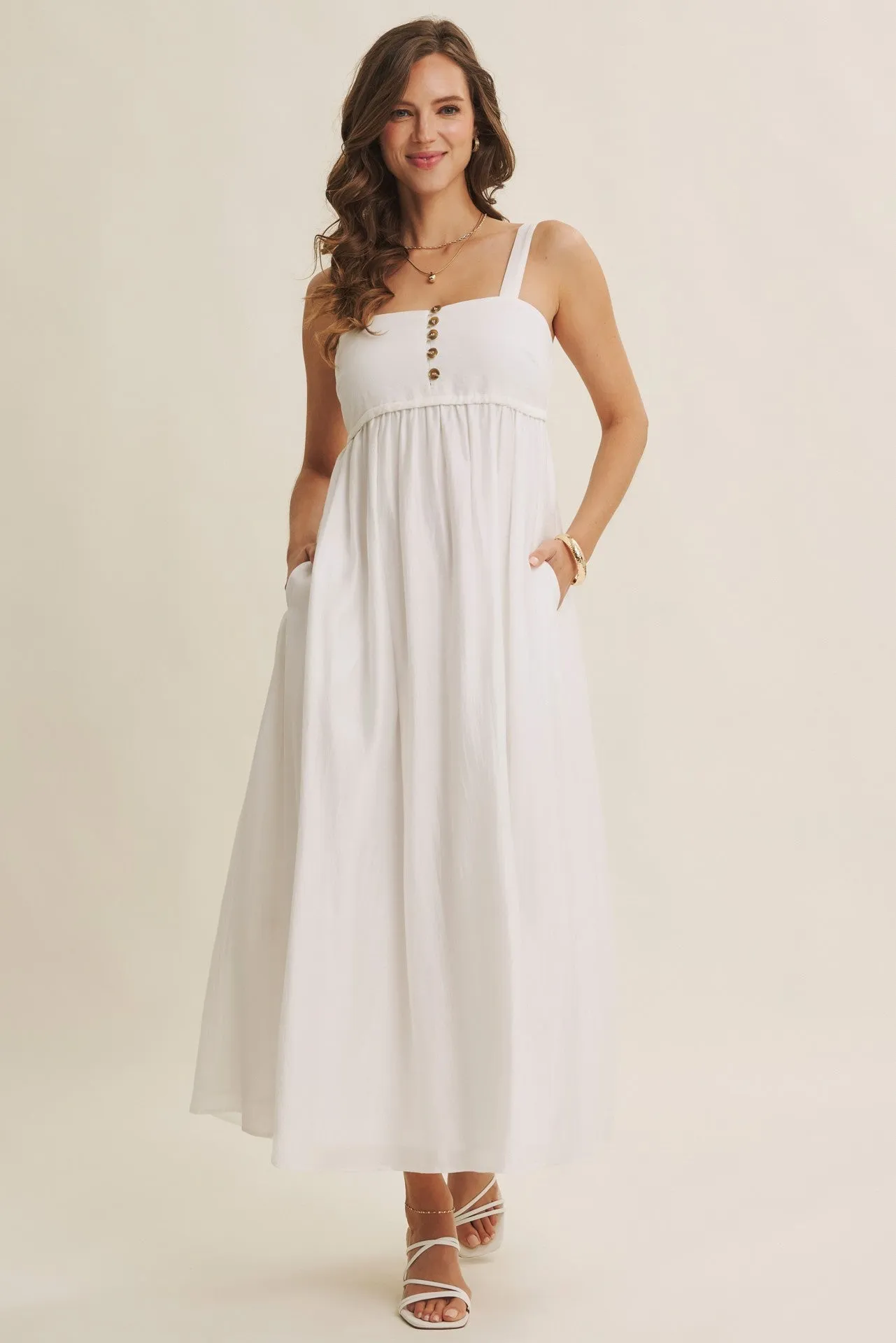 Ivory Coastal Square Neck Empire Waist Tie Maxi Dress sold by Pinkblush