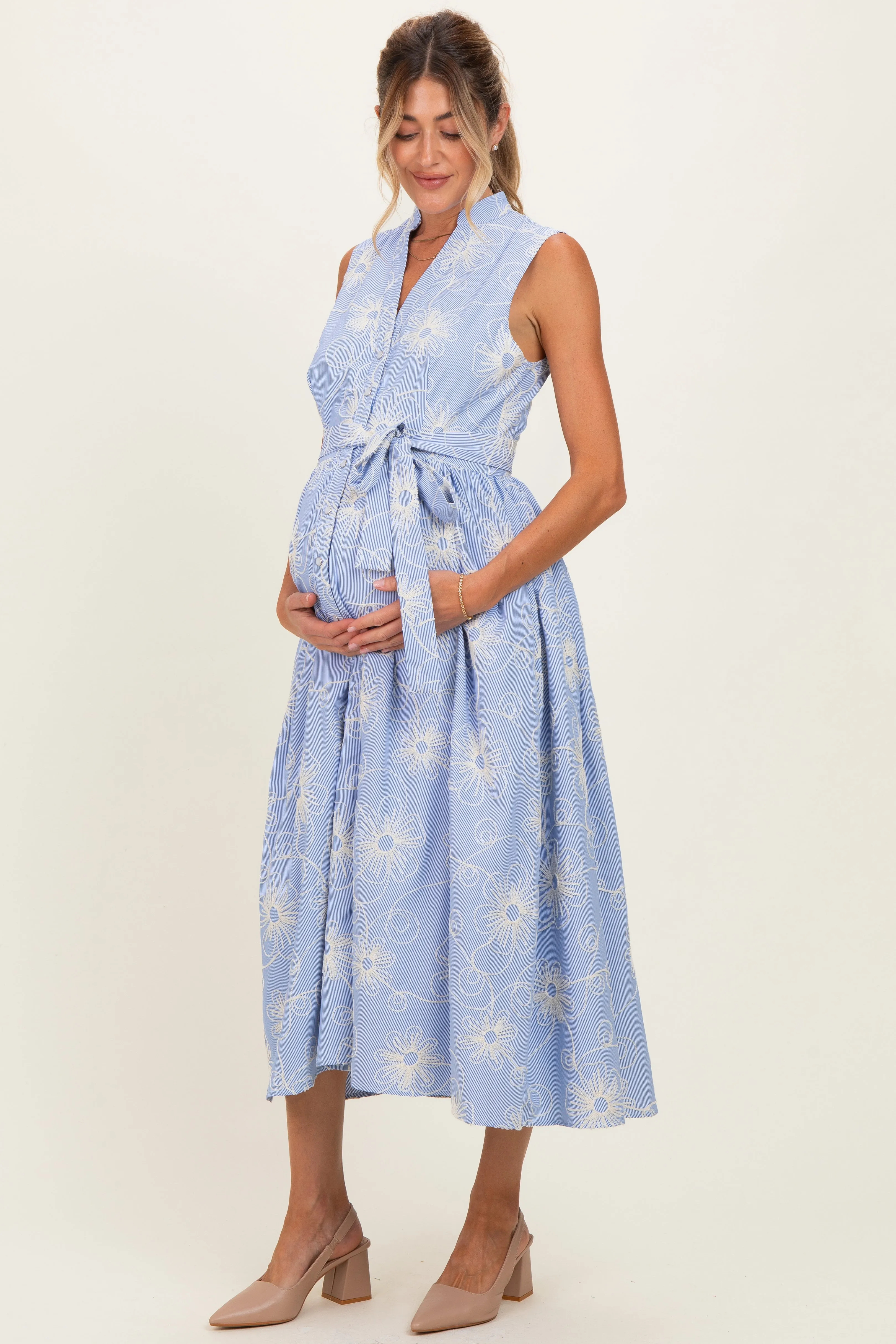 Light Blue Embroidered Sleeveless Maternity Midi Shirt Dress sold by Pinkblush product image thumbnail 2