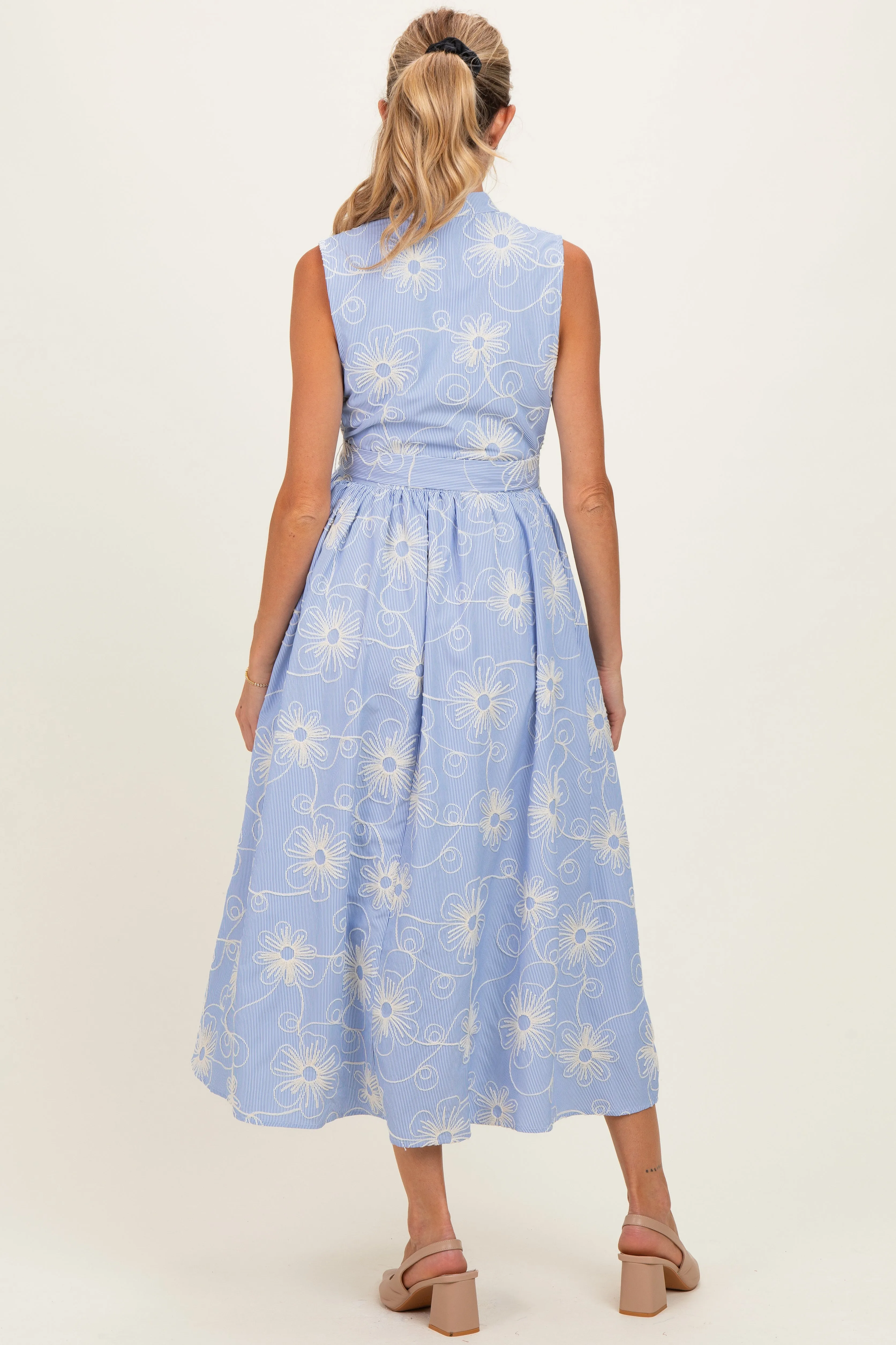 Light Blue Embroidered Sleeveless Maternity Midi Shirt Dress sold by Pinkblush product image thumbnail 3