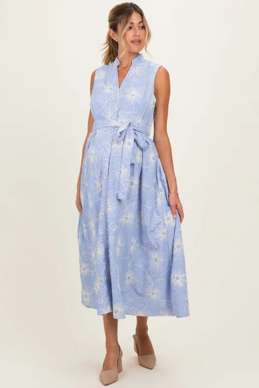 Light Blue Embroidered Sleeveless Maternity Midi Shirt Dress made by Flying Tomato