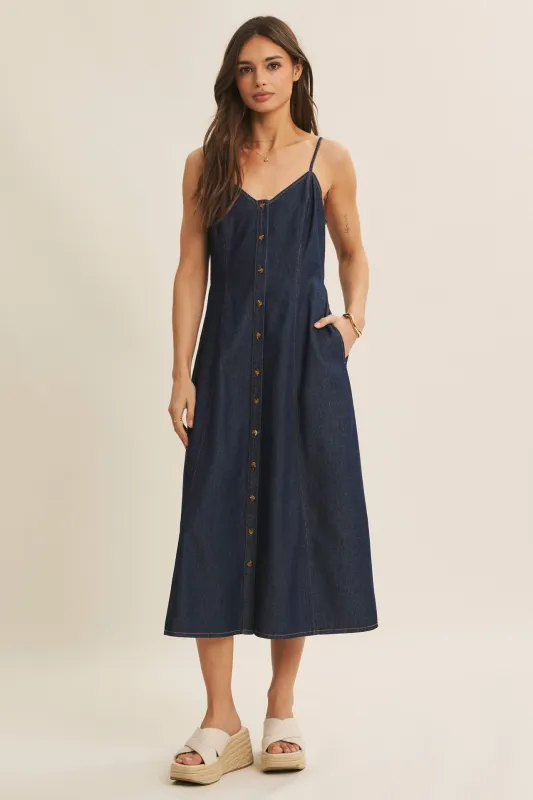 Navy Button-Down Denim Midi Dress made by In February