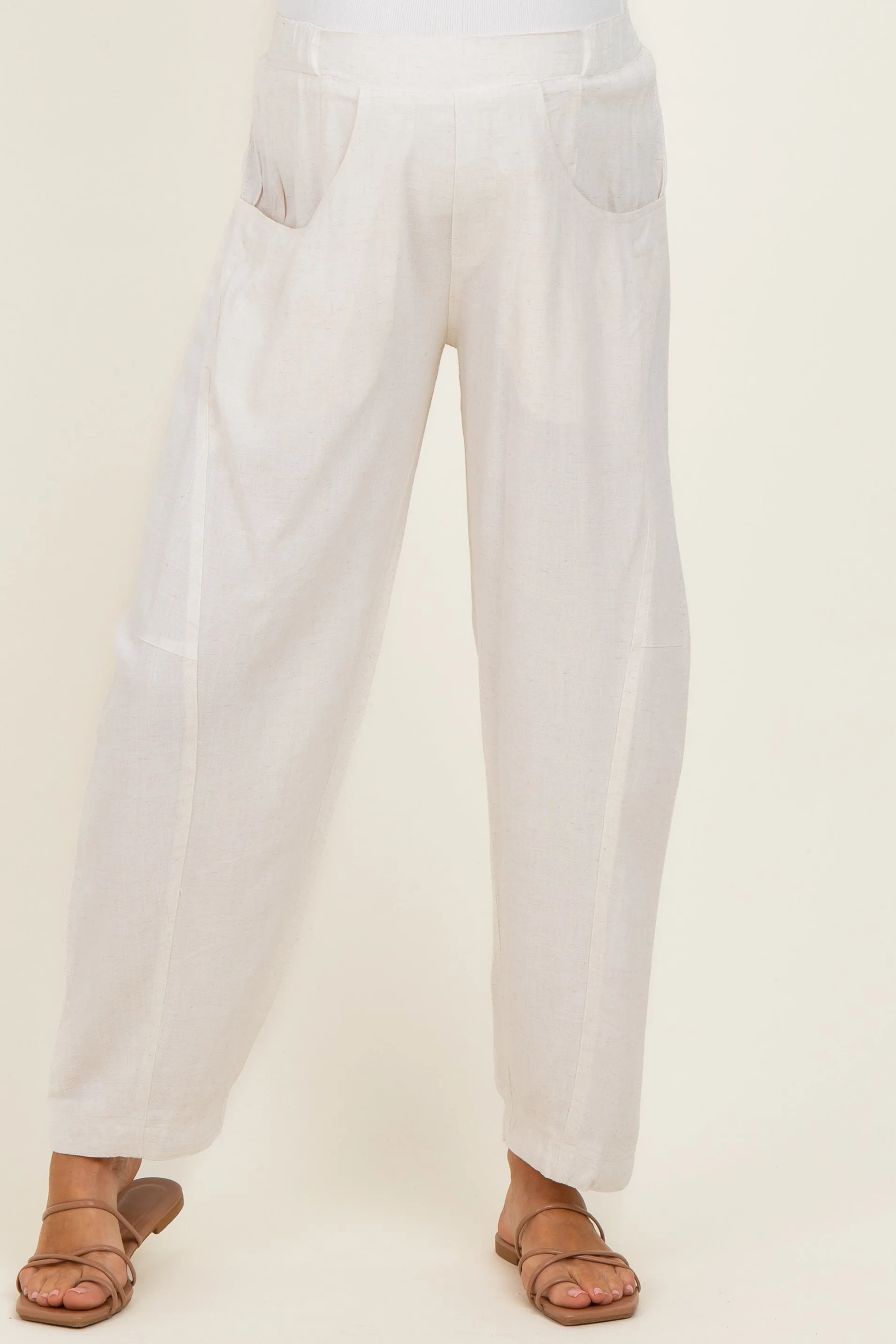 Oatmeal Linen Blend Barrel Leg Maternity Pants sold by Pinkblush product image thumbnail 2