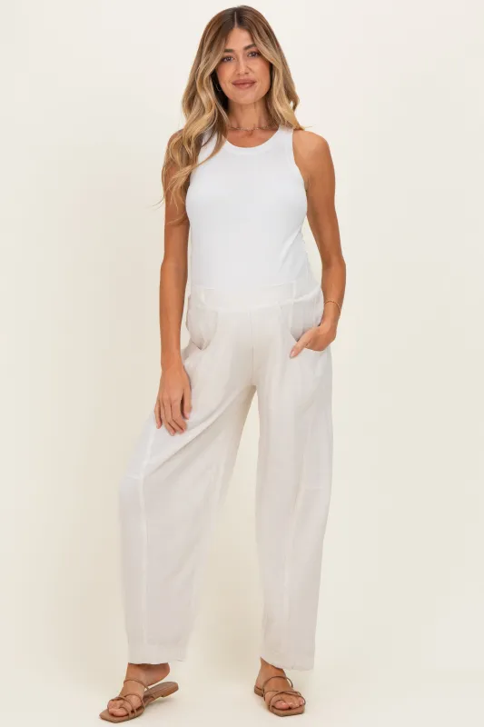 Oatmeal Linen Blend Barrel Leg Maternity Pants made by Bluivy
