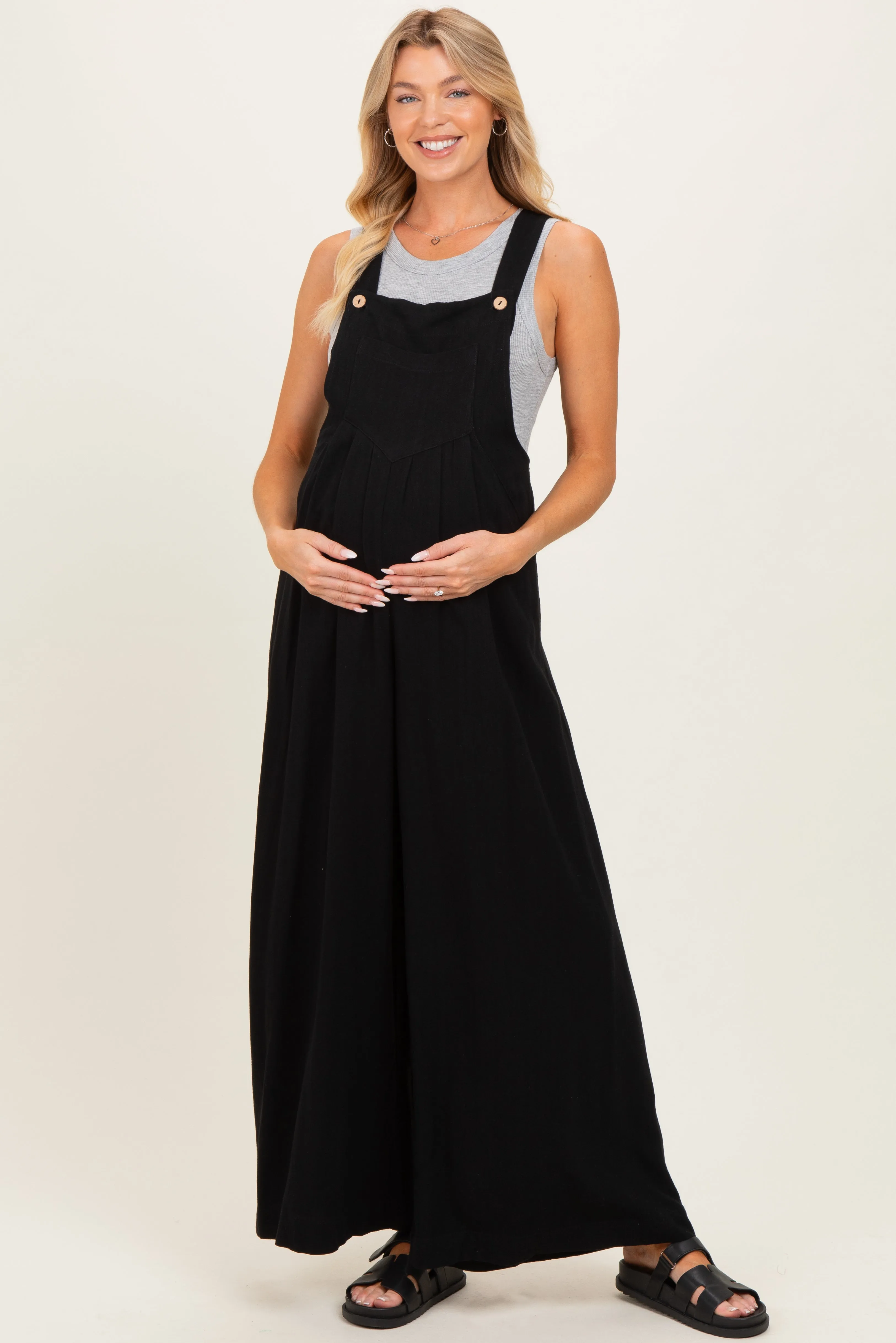 Black Super Wide Leg Overall Maternity Jumpsuit sold by Pinkblush