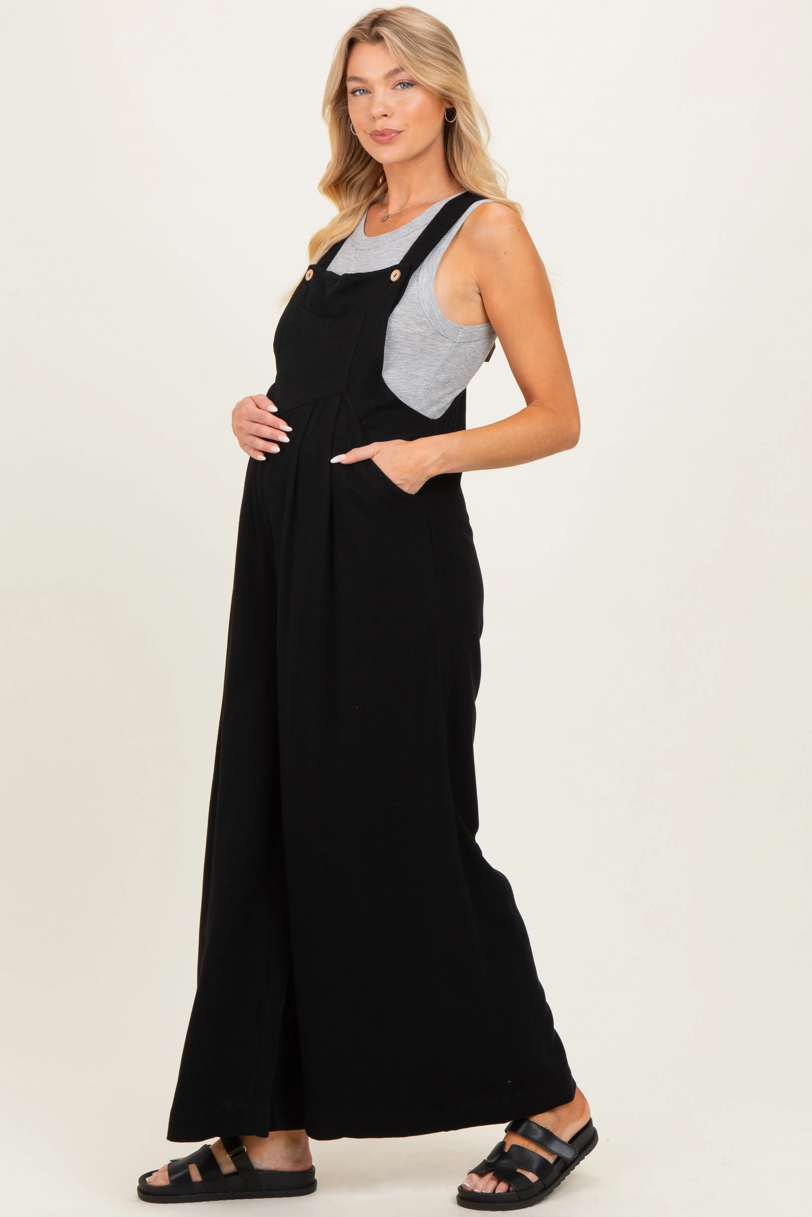 Black Super Wide Leg Overall Maternity Jumpsuit sold by Pinkblush product image thumbnail 2