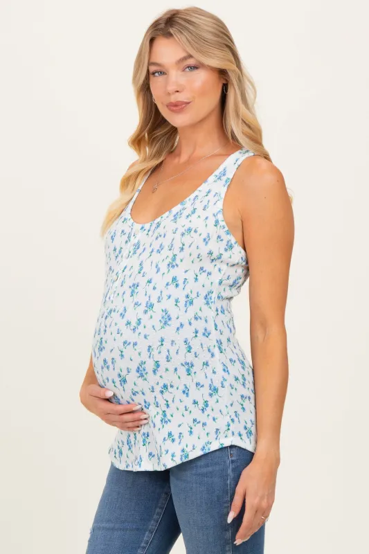 Blue Floral Print Button Front Maternity Tank Top made by Pinkblush
