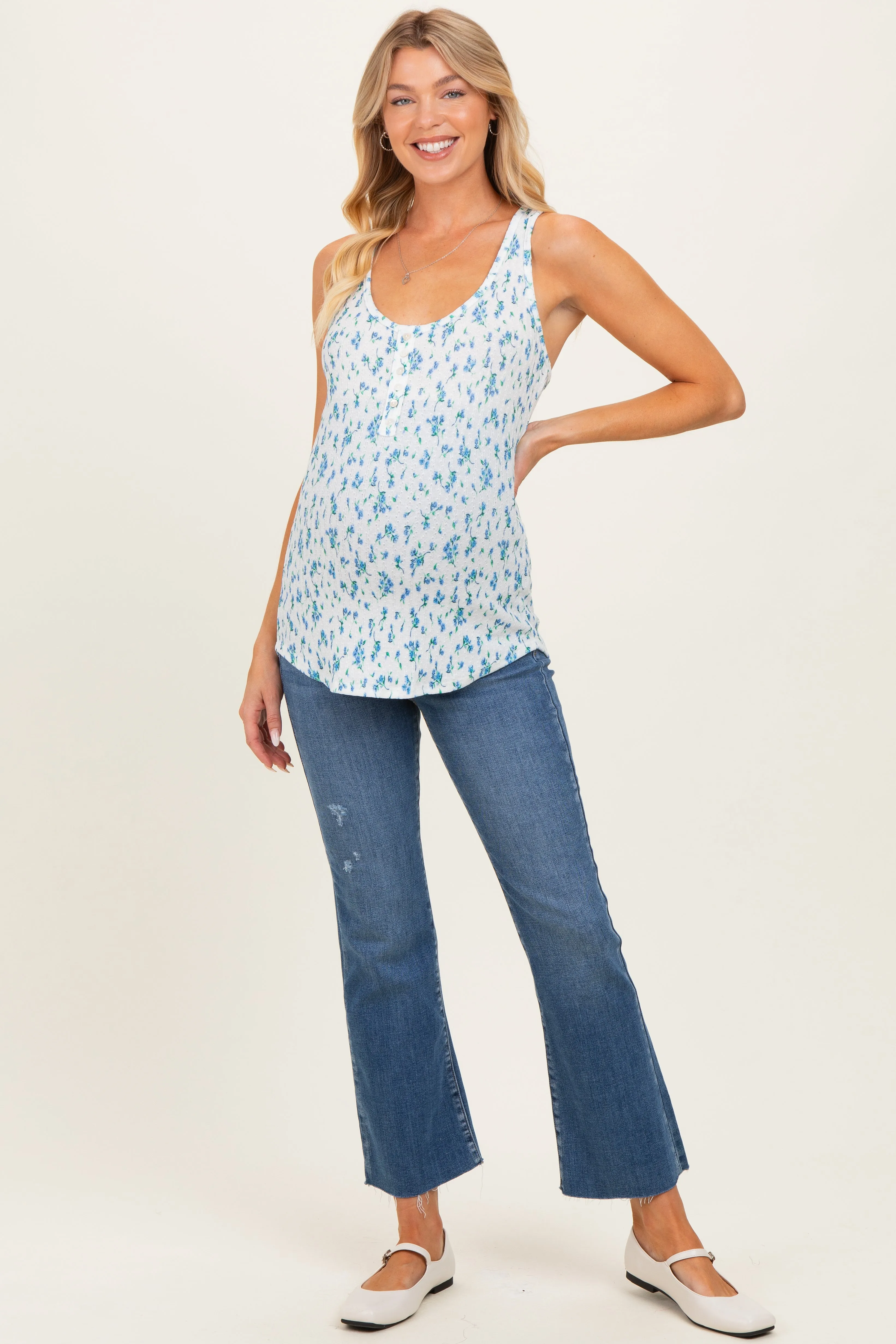 Blue Floral Print Button Front Maternity Tank Top sold by Pinkblush product image thumbnail 3