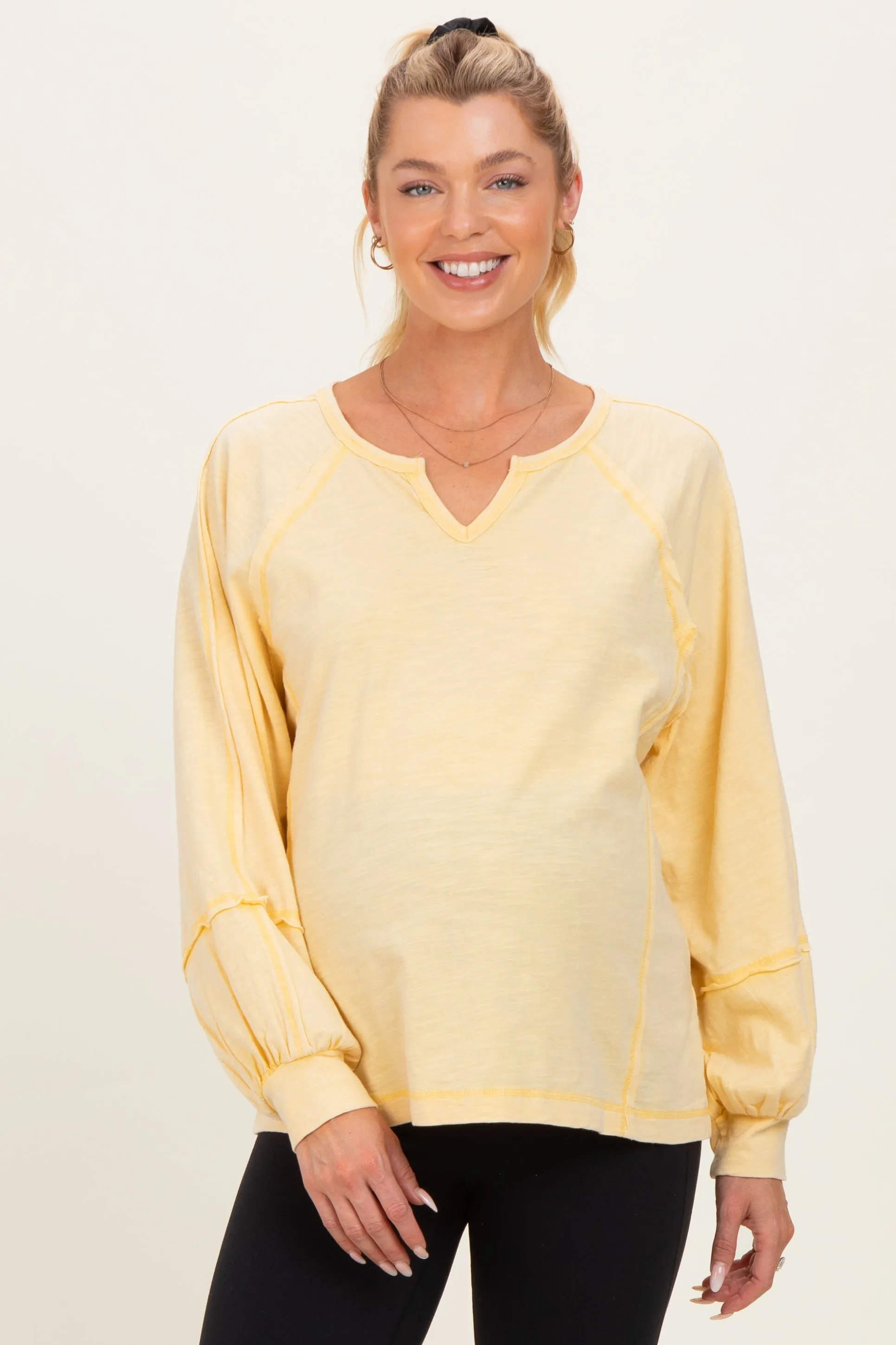 Cream Yellow Mineral Wash Exposed Seam Maternity Top sold by Pinkblush