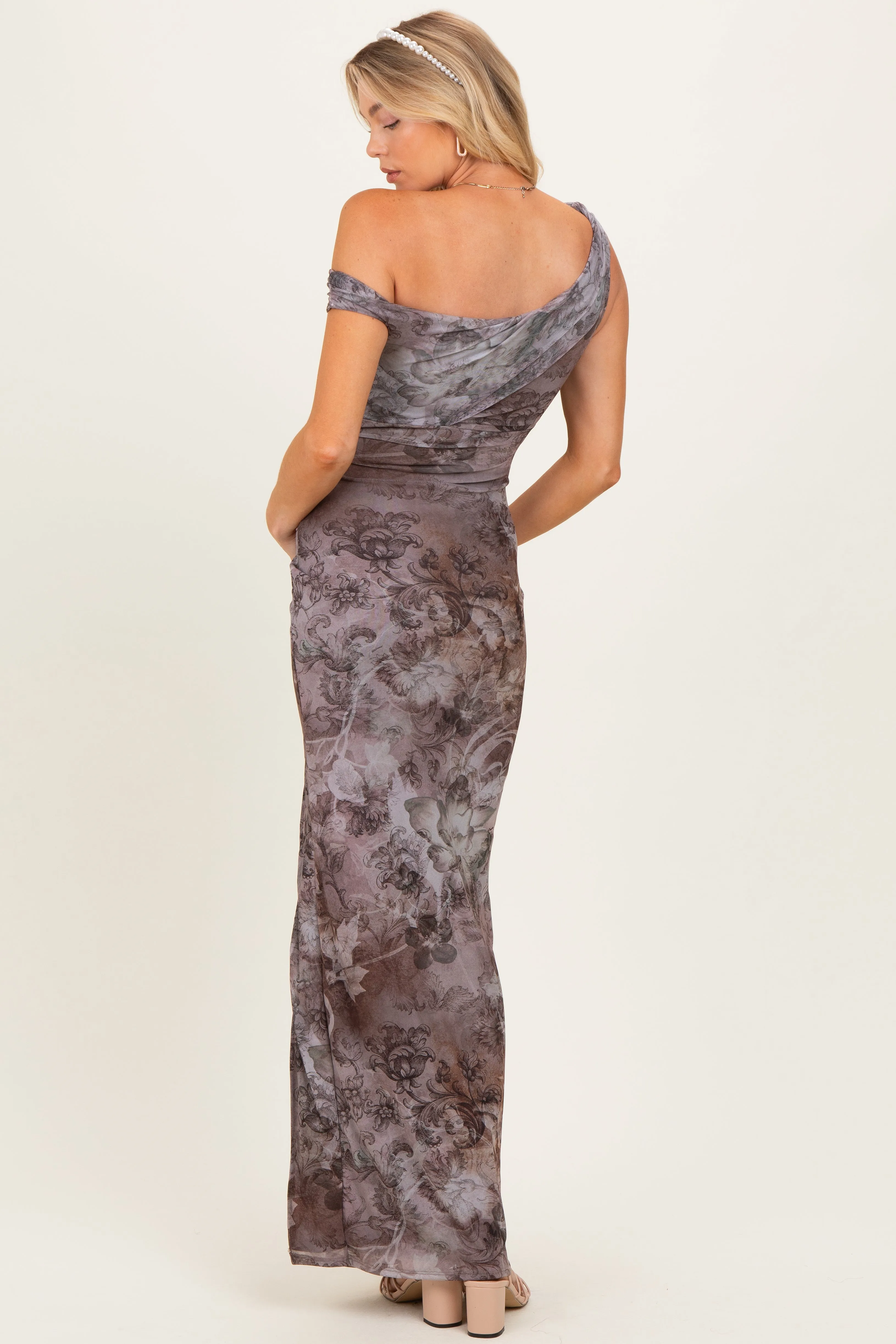 Taupe Asymmetrical Off-Shoulder Maternity Maxi Dress sold by Pinkblush product image thumbnail 4