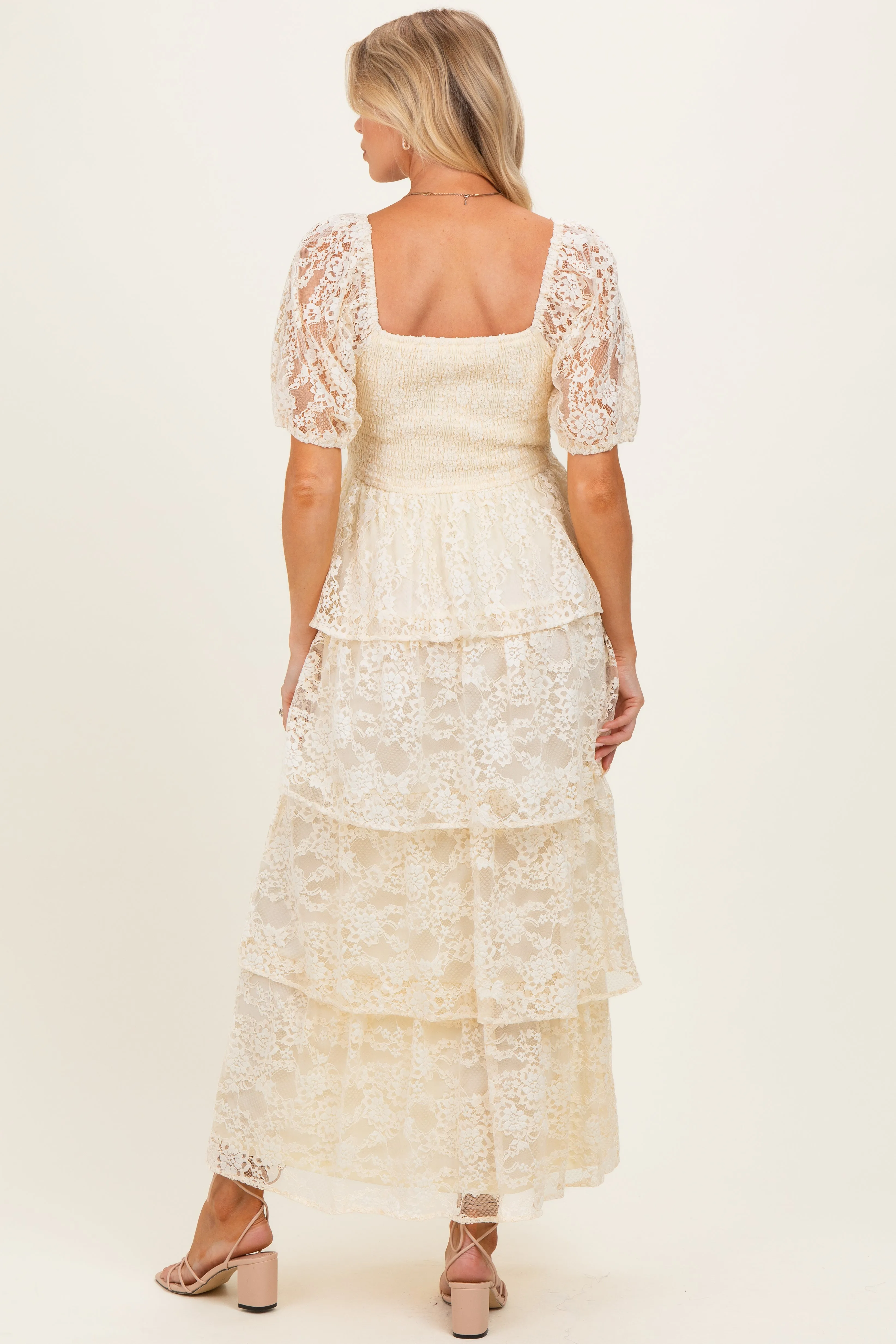 Butter Cream Lace Tiered Smocked Maternity Midi Dress sold by Pinkblush product image thumbnail 3