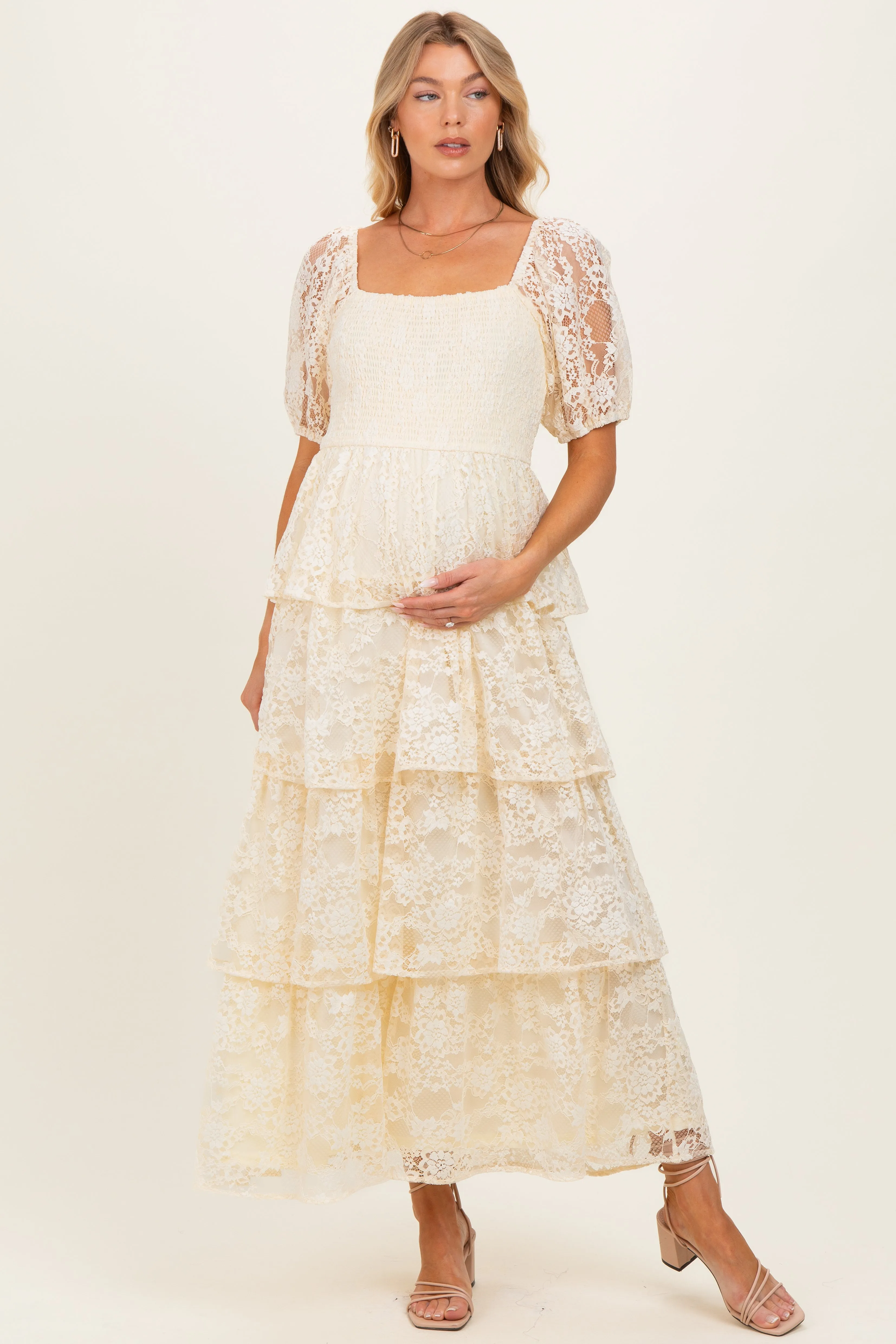 Butter Cream Lace Tiered Smocked Maternity Midi Dress sold by Pinkblush