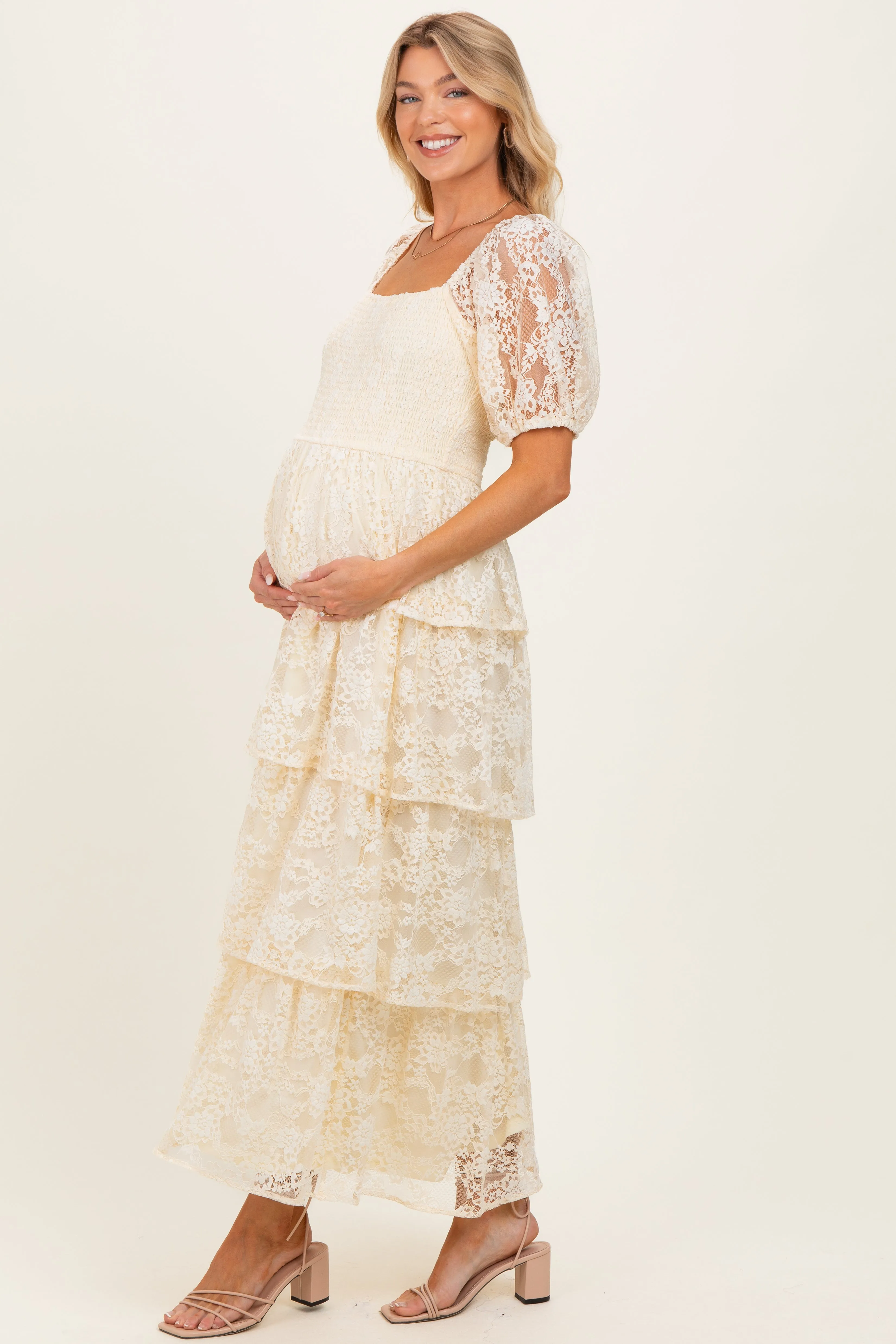 Butter Cream Lace Tiered Smocked Maternity Midi Dress sold by Pinkblush product image thumbnail 2