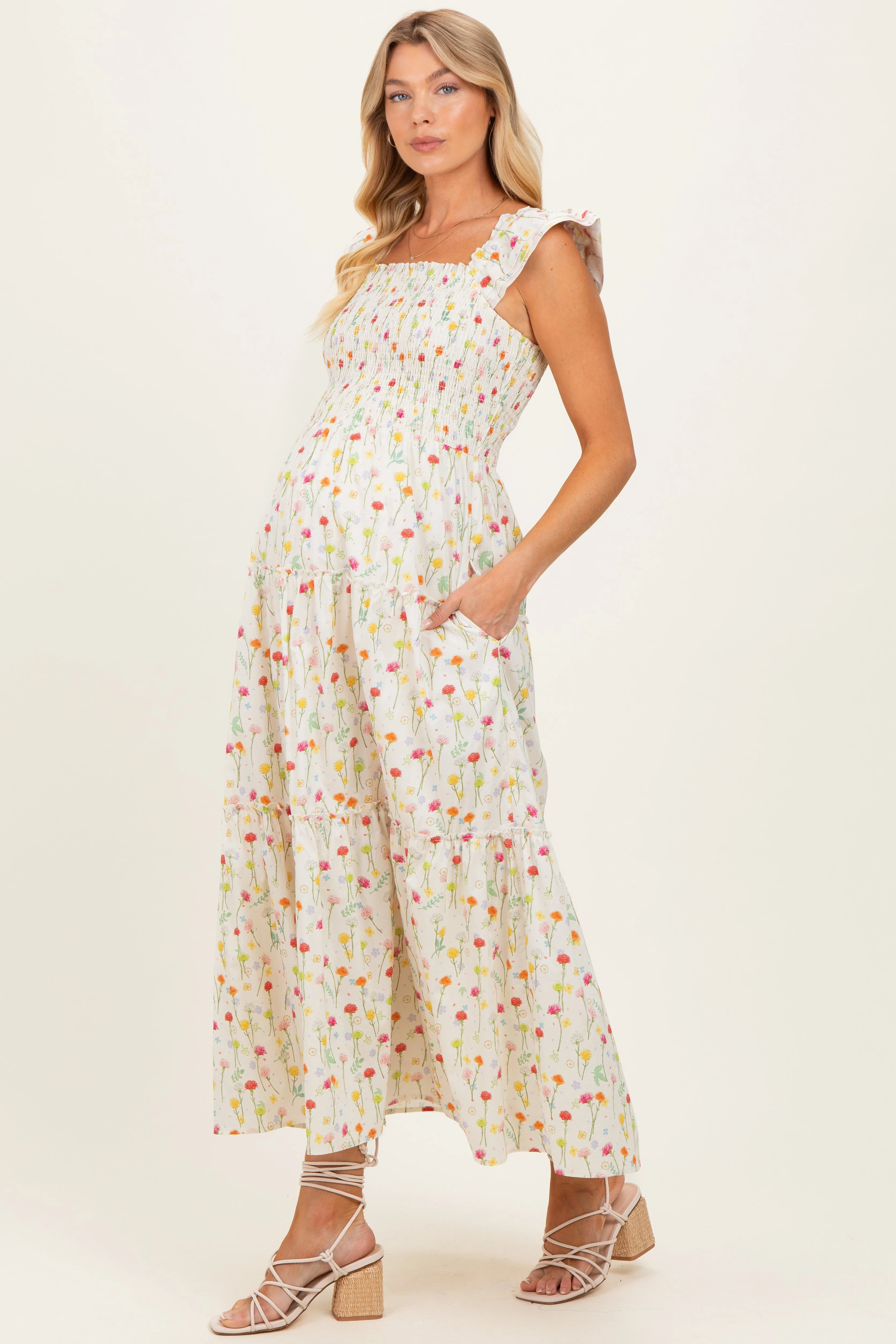 Cream Floral Smocked Maternity Maxi Dress sold by Pinkblush product image thumbnail 2