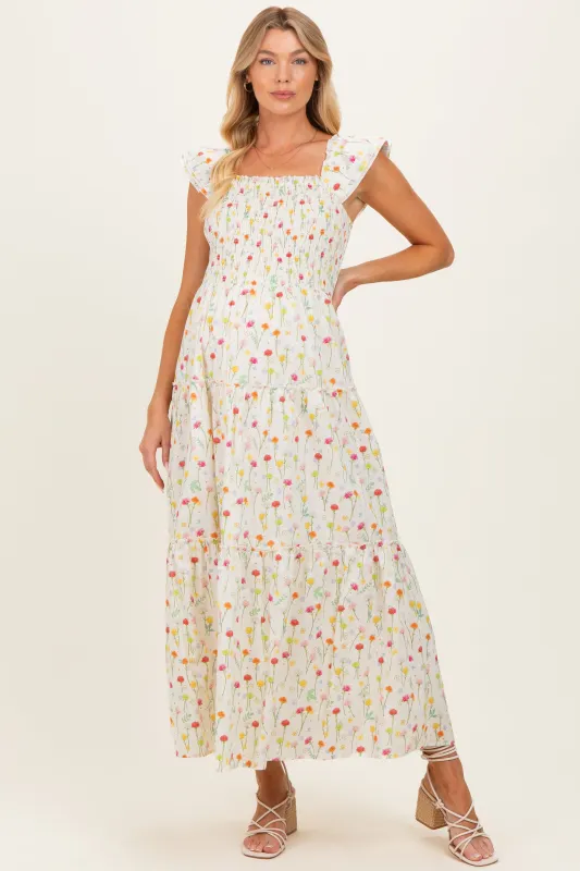 Cream Floral Smocked Maternity Maxi Dress made by Inloom