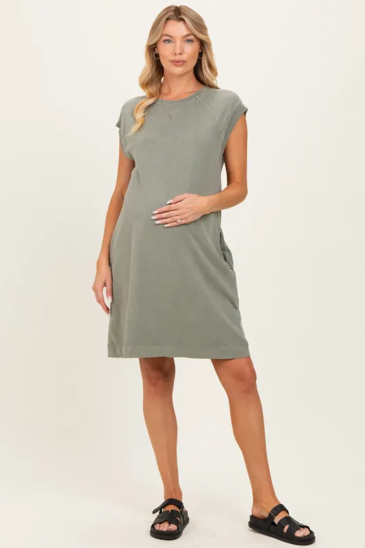 Olive Garment Washed Casual Capped Sleeve Maternity Dress made by BE COOL