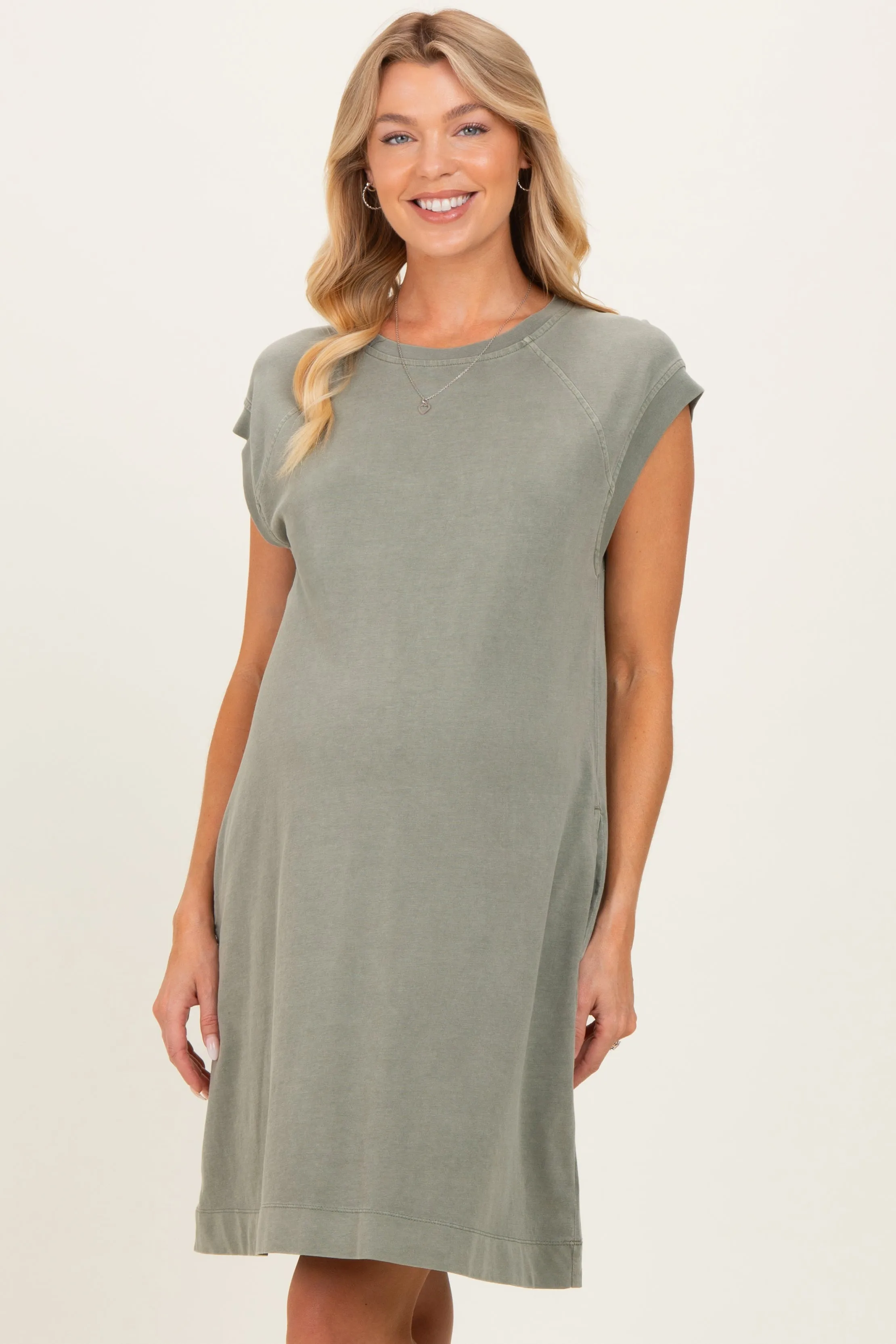 Olive Garment Washed Casual Capped Sleeve Maternity Dress sold by Pinkblush product image thumbnail 2