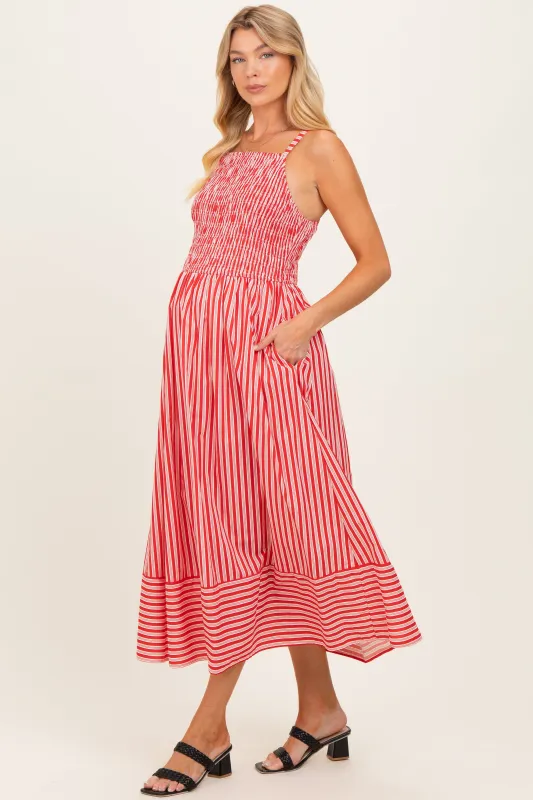 Red Striped Smocked Maternity Midi Dress made by entro