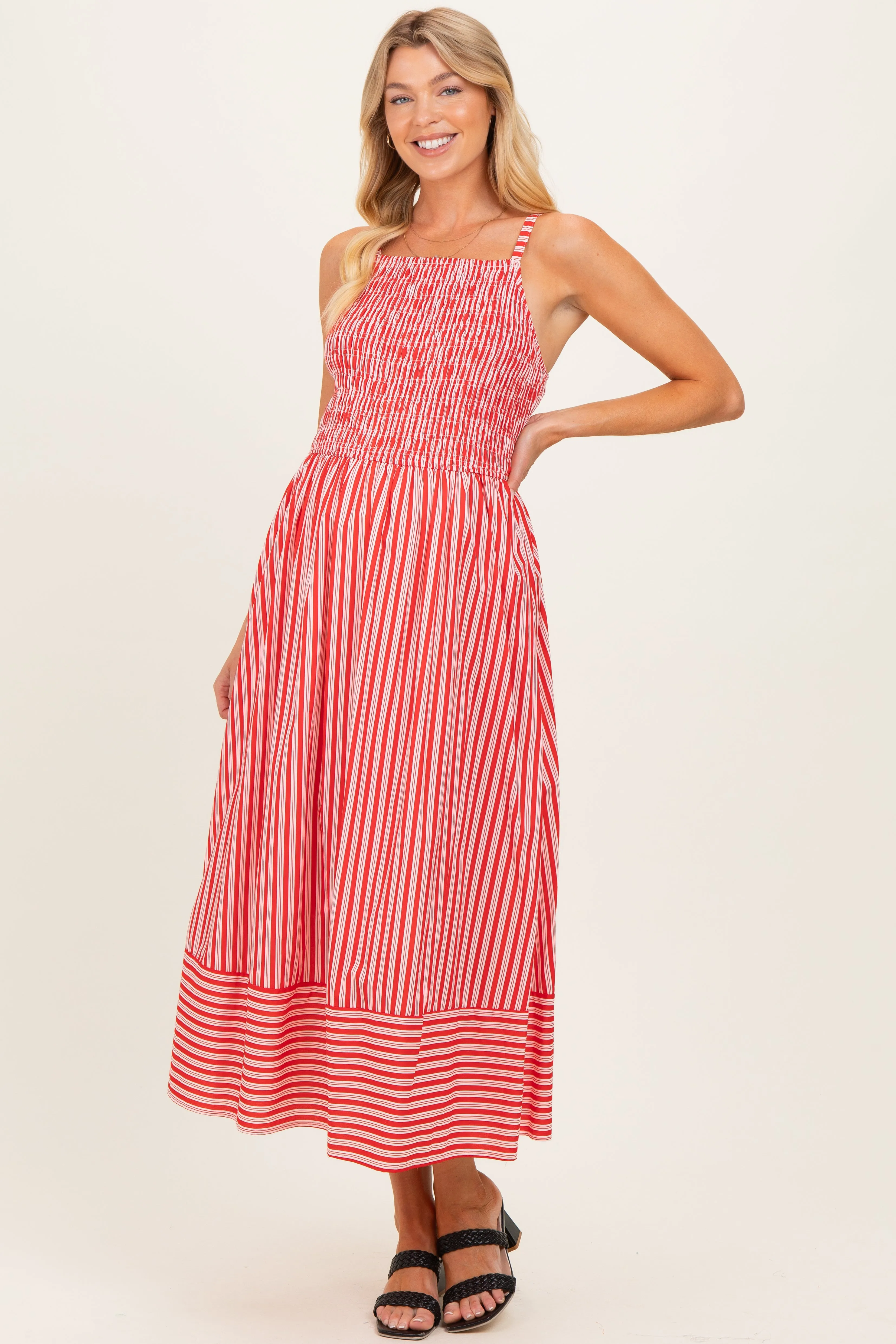 Red Striped Smocked Maternity Midi Dress sold by Pinkblush product image thumbnail 2