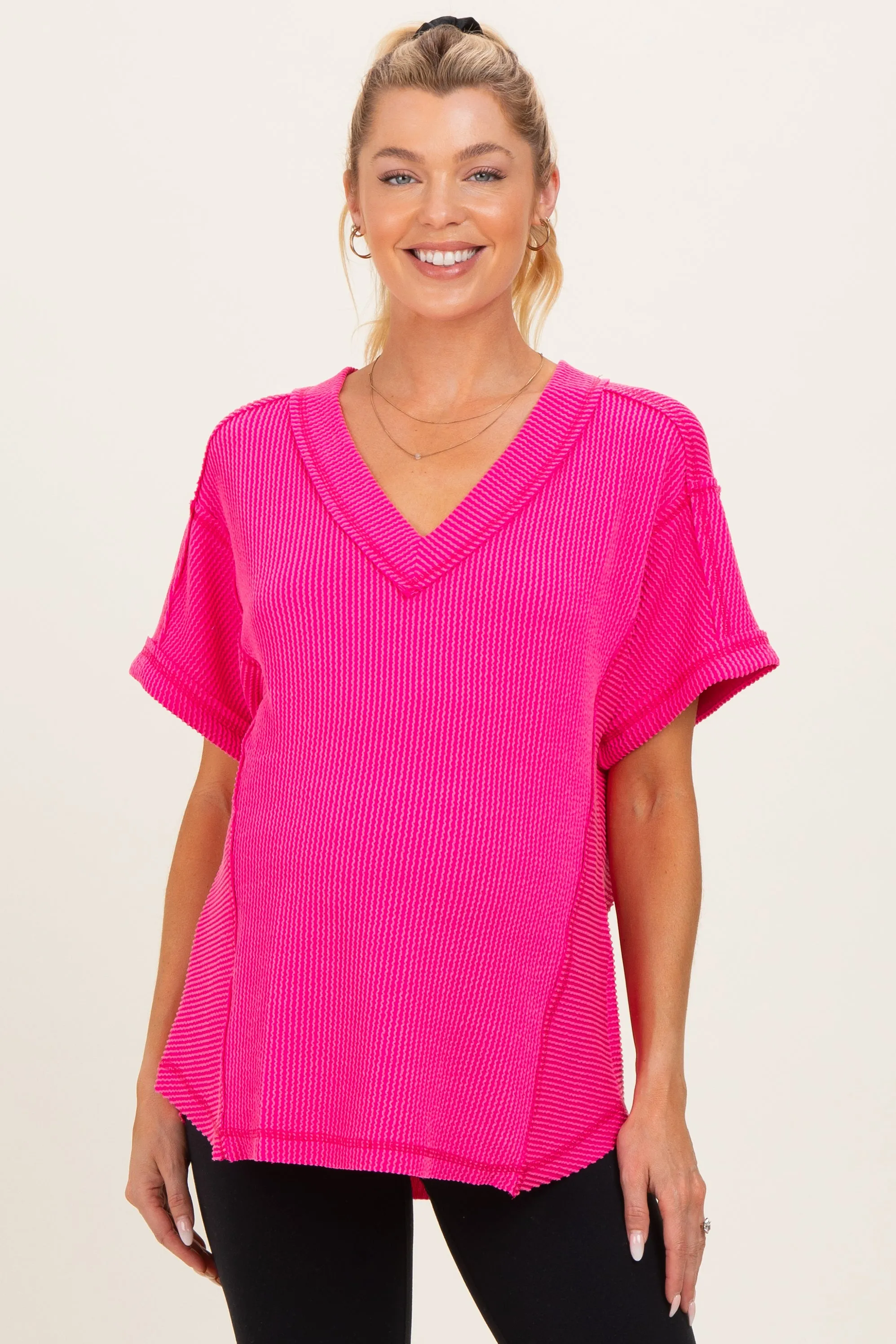 Fuchsia Ribbed Raw Hem Maternity Short Sleeve Top sold by Pinkblush