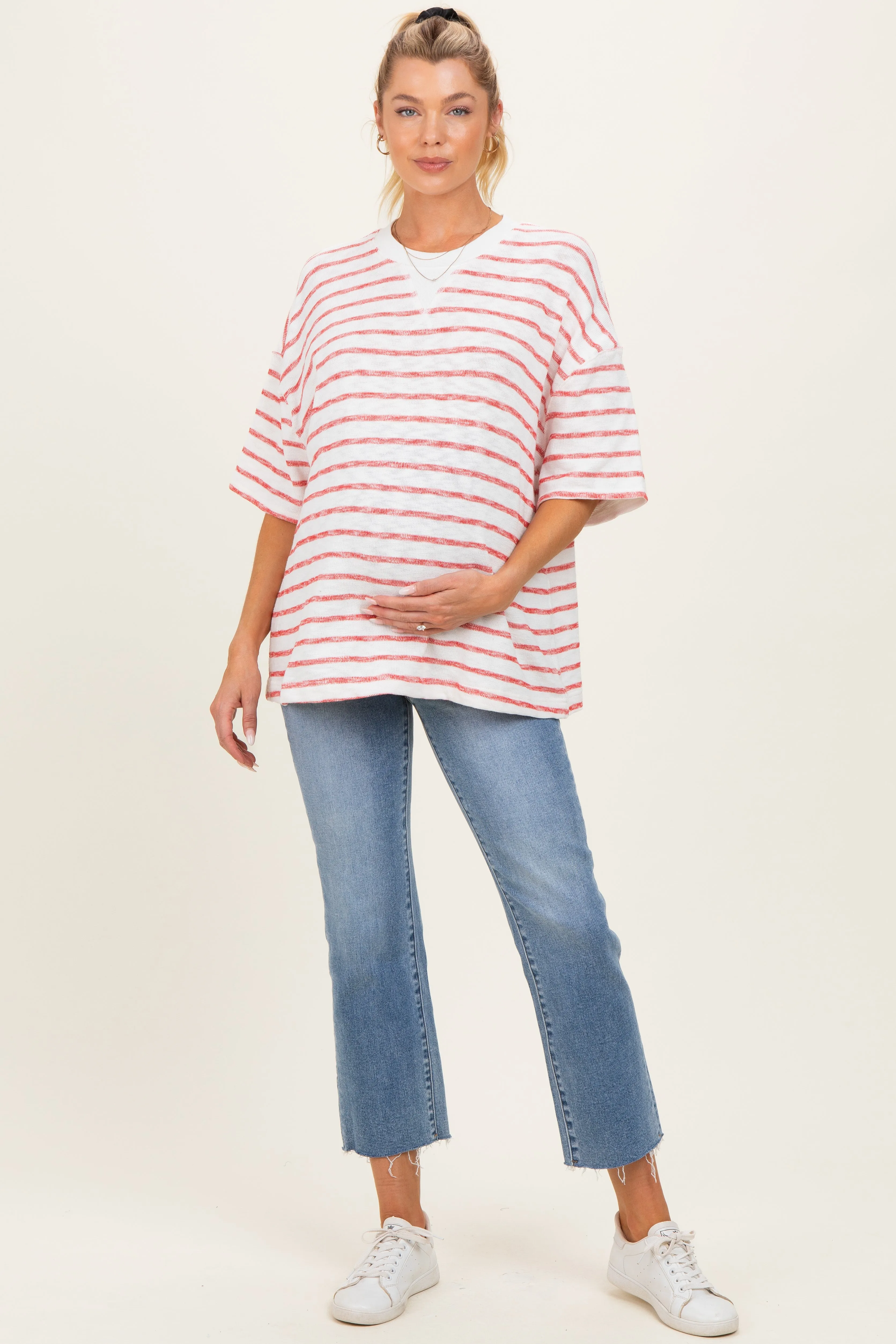 Red Oversized Striped Maternity Short Sleeve Top sold by Pinkblush
