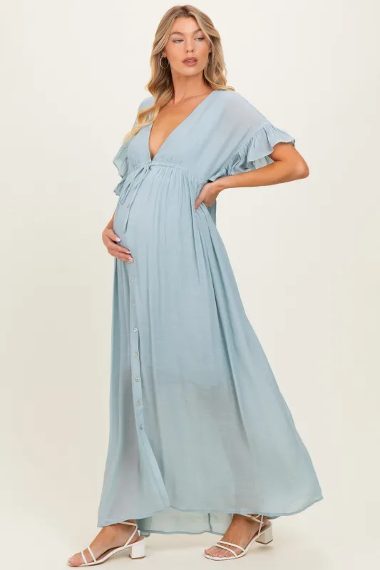 Light Blue Button Down Deep V-Neck Maternity Maxi Dress made by Pinkblush