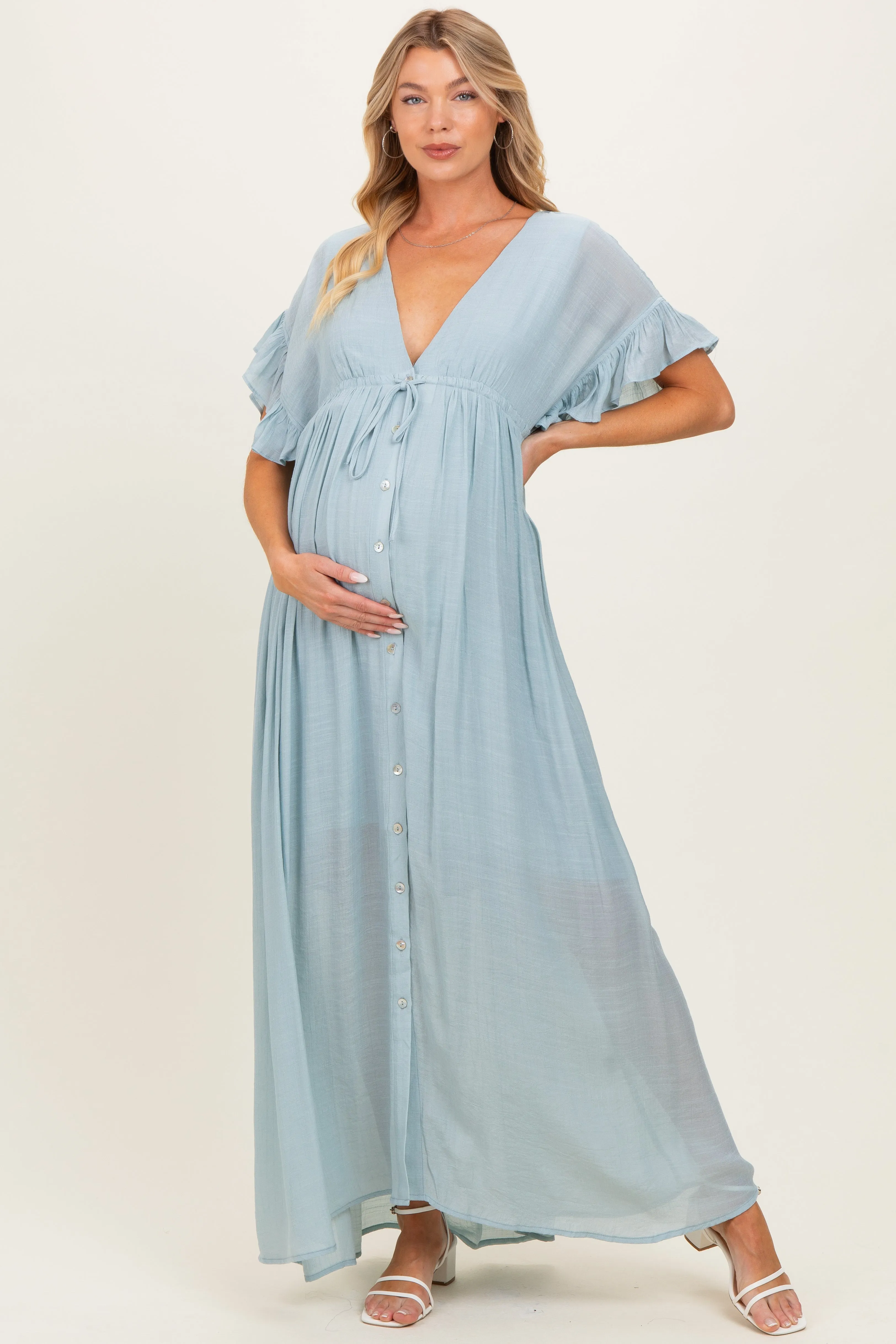 Light Blue Button Down Deep V-Neck Maternity Maxi Dress sold by Pinkblush product image thumbnail 2