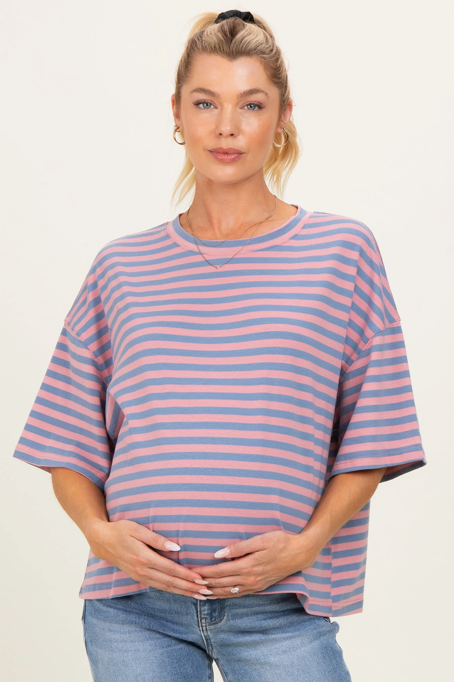 Rose Pink Oversized Striped Maternity Boyfriend Tee sold by Pinkblush product image thumbnail 2