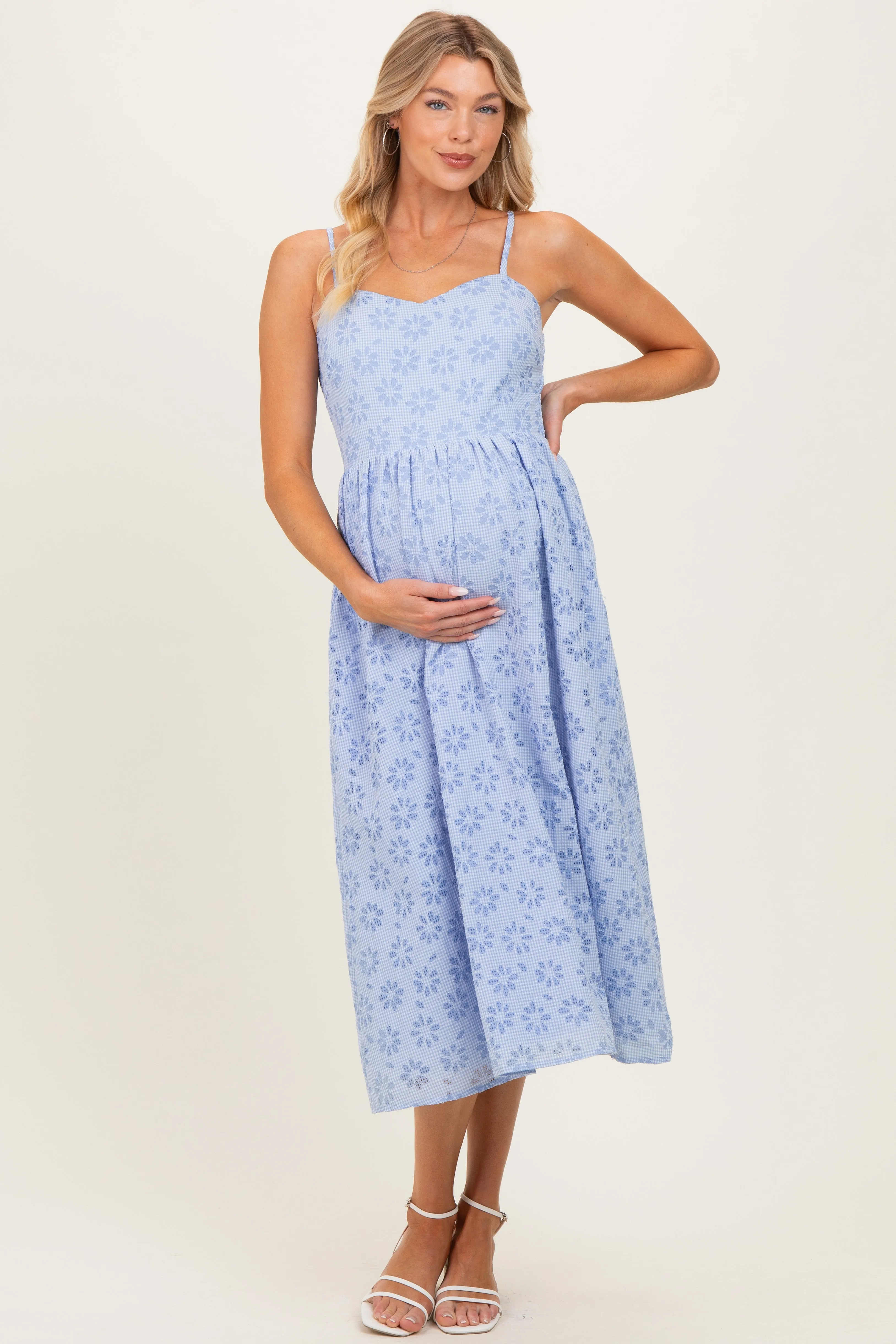 Powder Blue Floral Gingham Maternity Midi Dress sold by Pinkblush