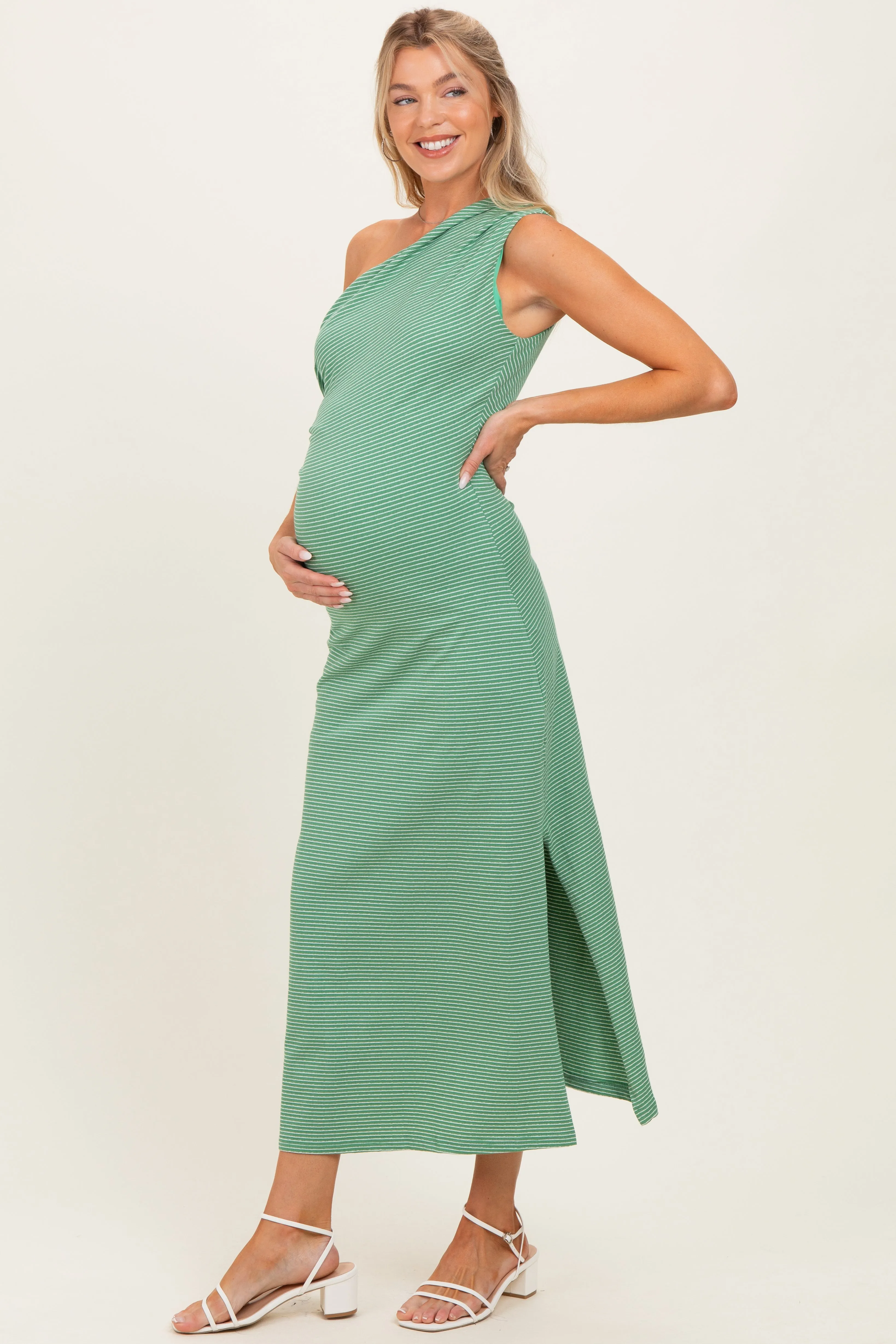 Green Striped One Shoulder Maternity Midi Dress sold by Pinkblush product image thumbnail 3