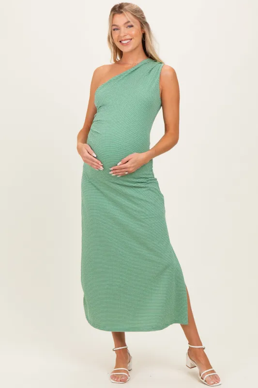 Green Striped One Shoulder Maternity Midi Dress made by BaeVely