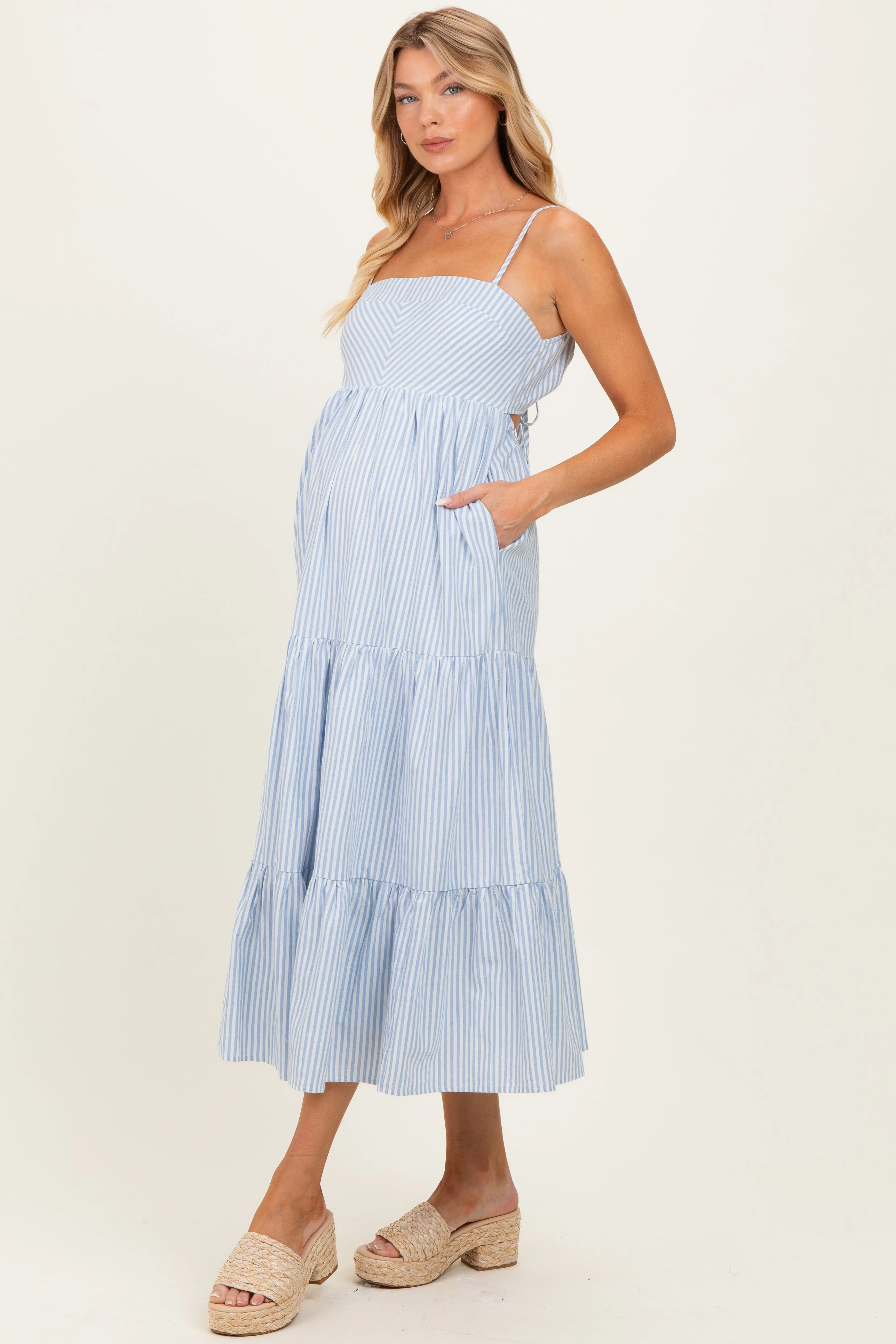 Light Blue Diagonal Stripe Front Tier Maternity Dress sold by Pinkblush