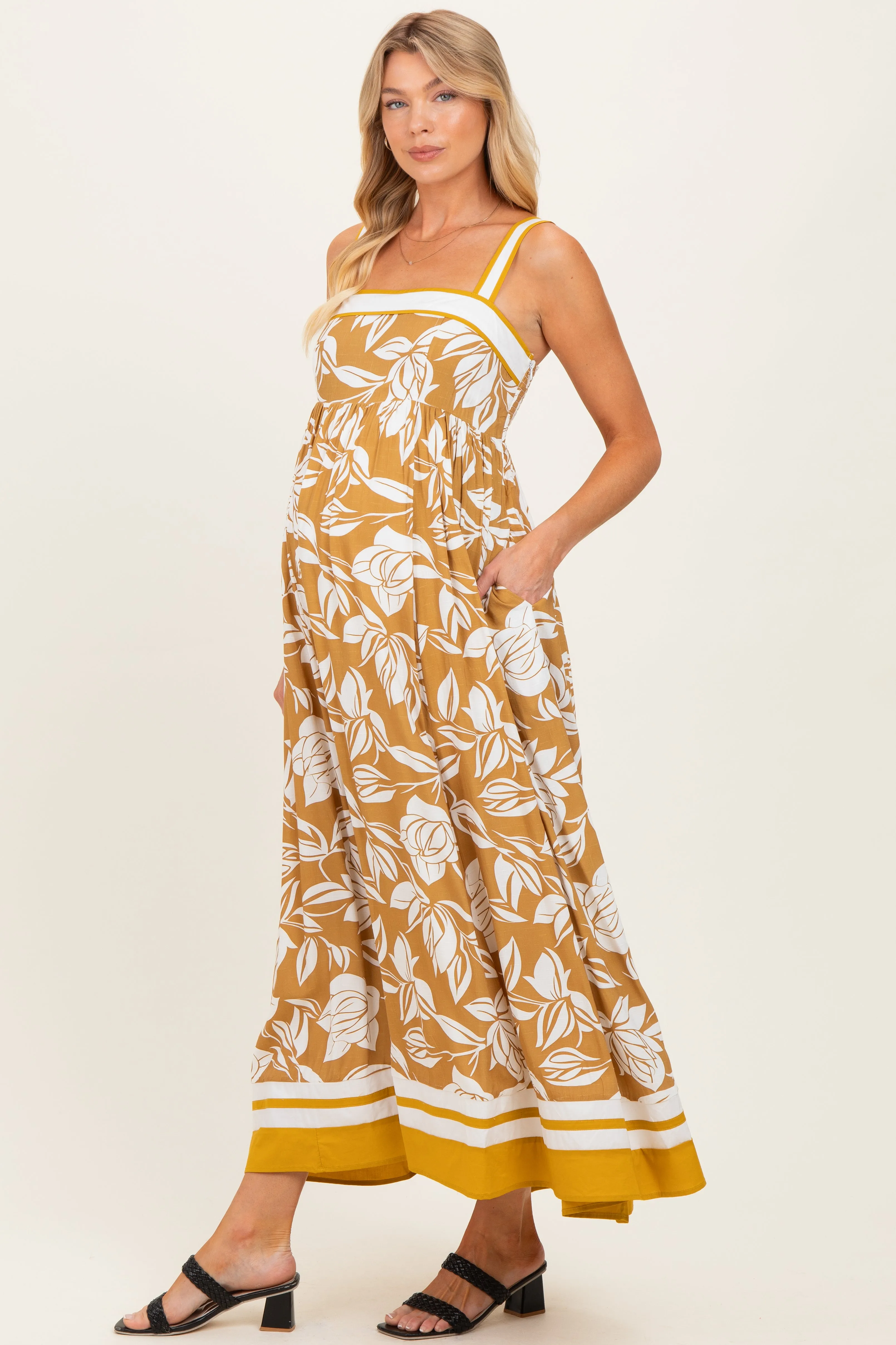 Golden Yellow Floral Sleeveless Maternity Maxi Dress sold by Pinkblush