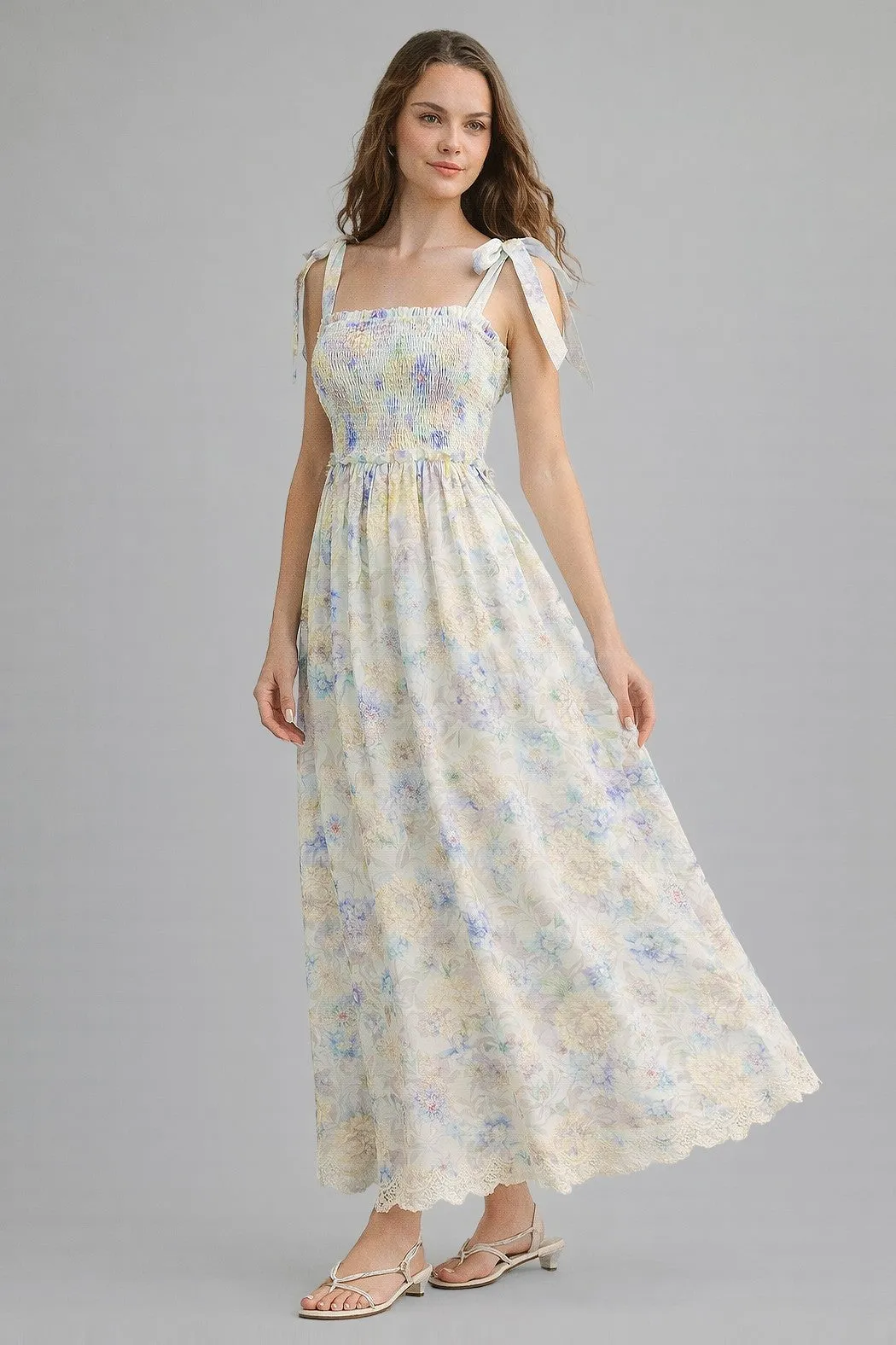 Blue Floral Smocked Shoulder Tie Maternity Maxi Dress sold by Pinkblush product image thumbnail 4