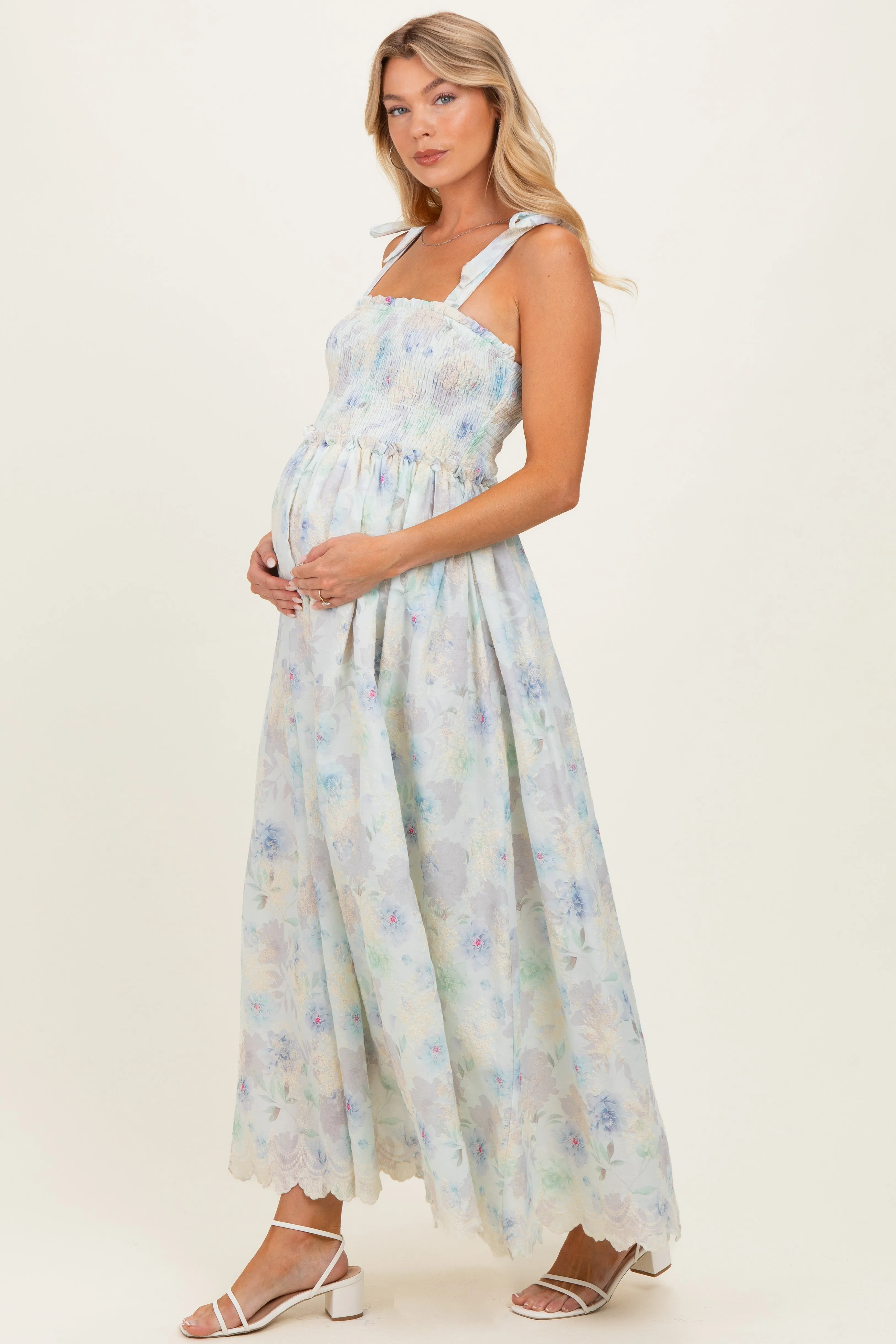 Blue Floral Smocked Shoulder Tie Maternity Maxi Dress sold by Pinkblush product image thumbnail 2