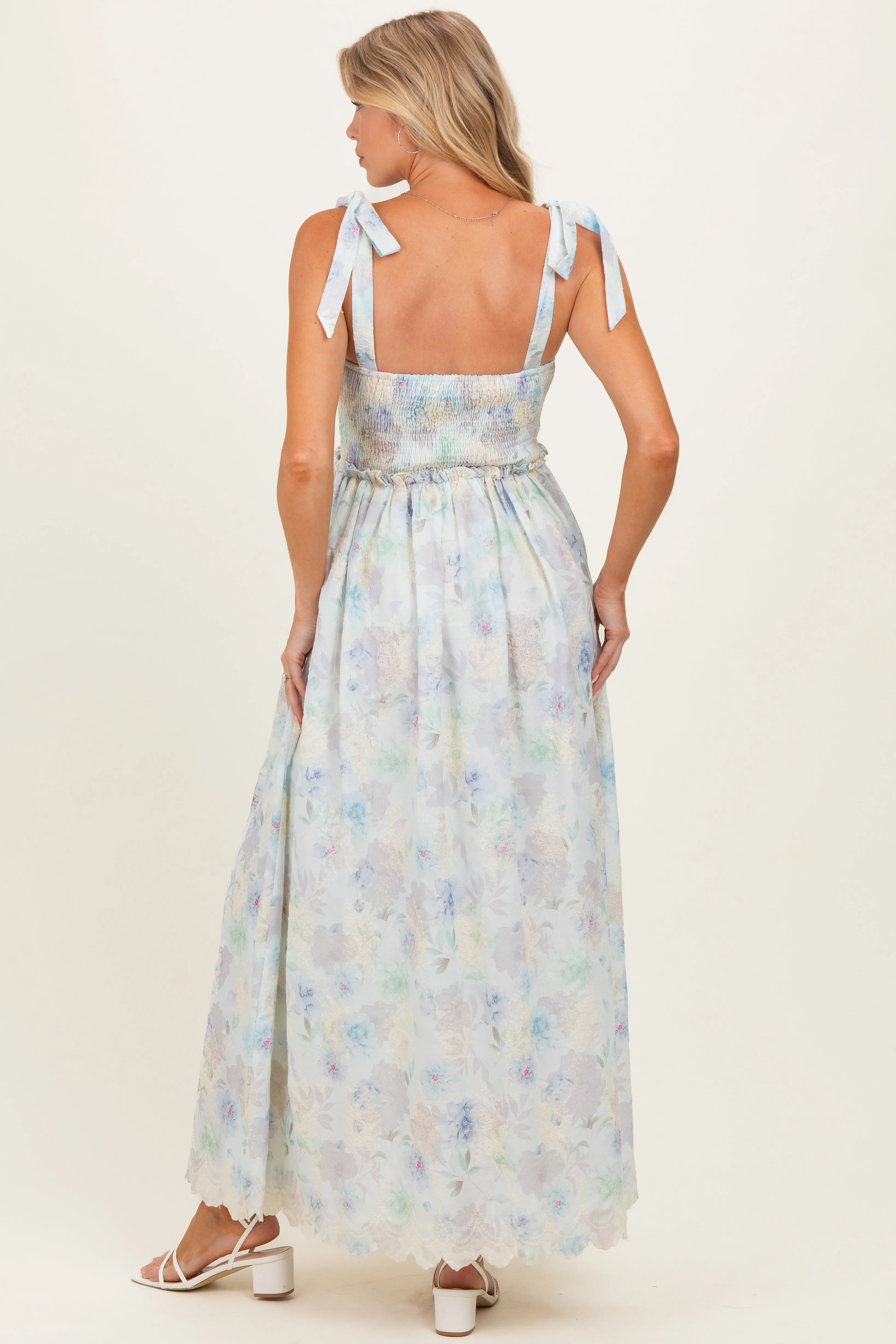 Blue Floral Smocked Shoulder Tie Maternity Maxi Dress sold by Pinkblush product image thumbnail 3