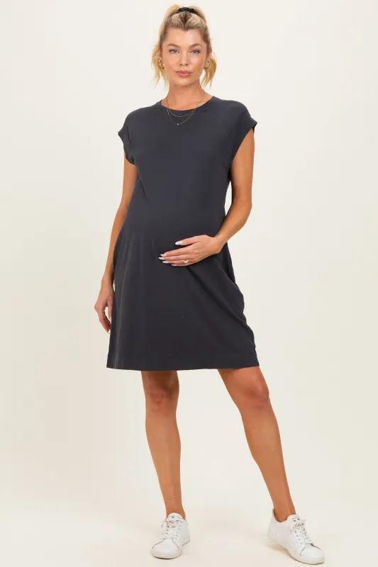 Charcoal Garment Washed Casual Capped Sleeve Maternity Dress made by BE COOL