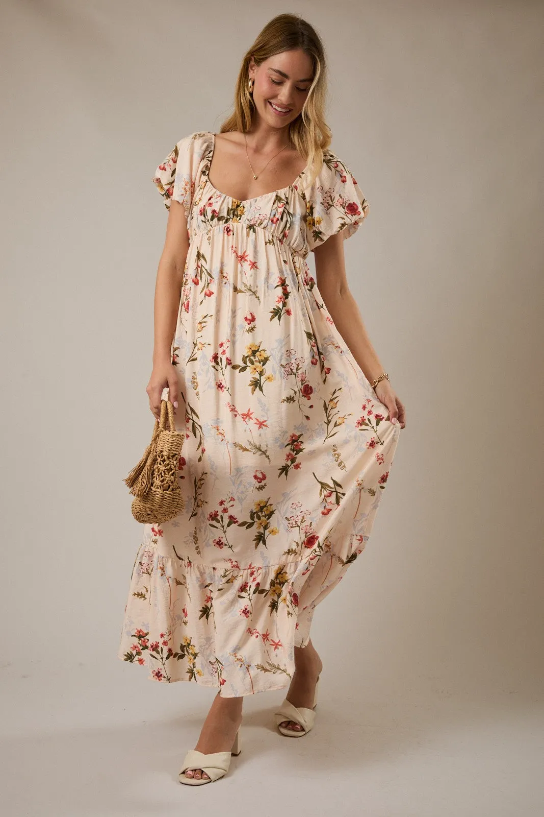 Cream Floral Puff Sleeve Maternity Maxi Dress sold by Pinkblush product image thumbnail 4