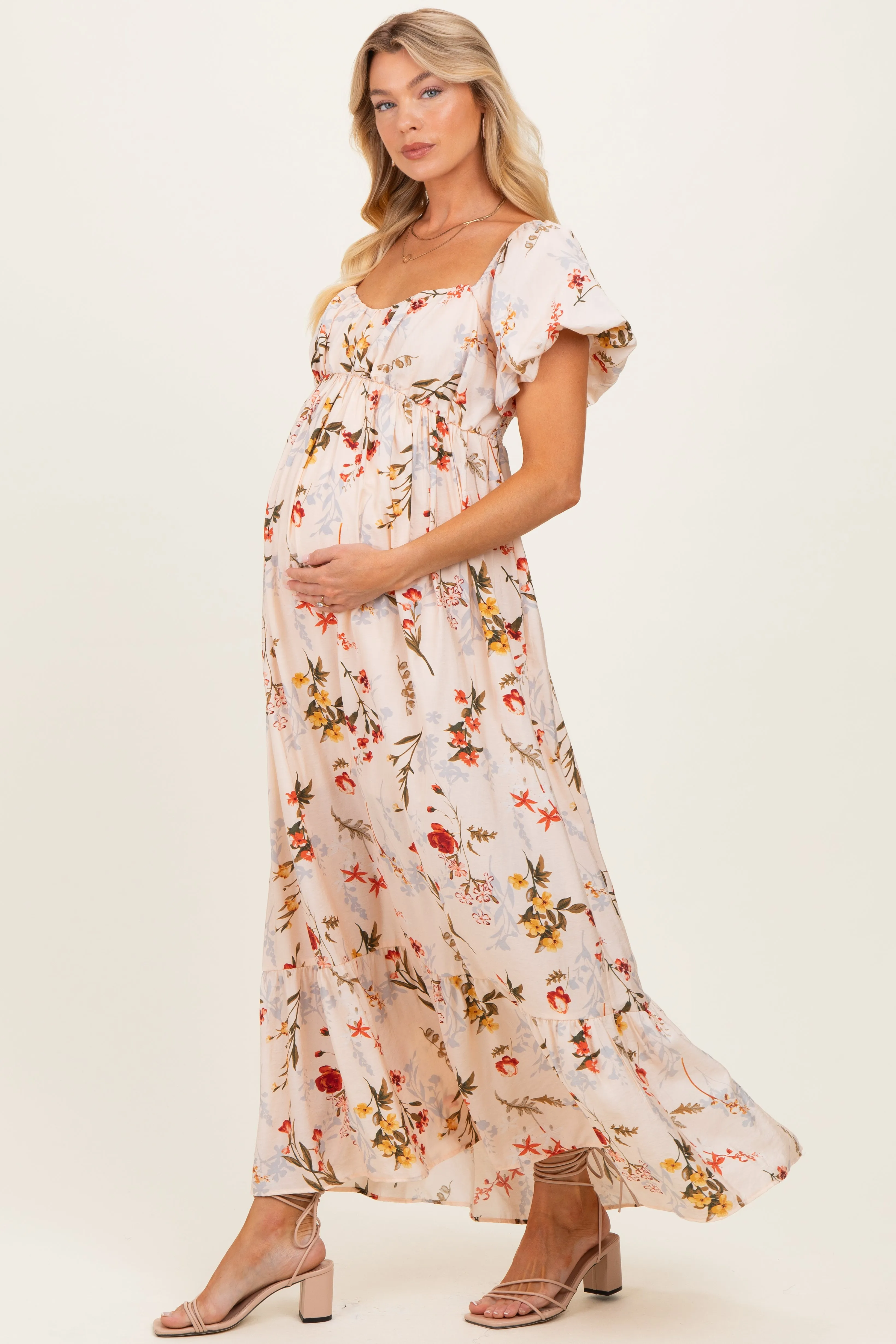 Cream Floral Puff Sleeve Maternity Maxi Dress sold by Pinkblush