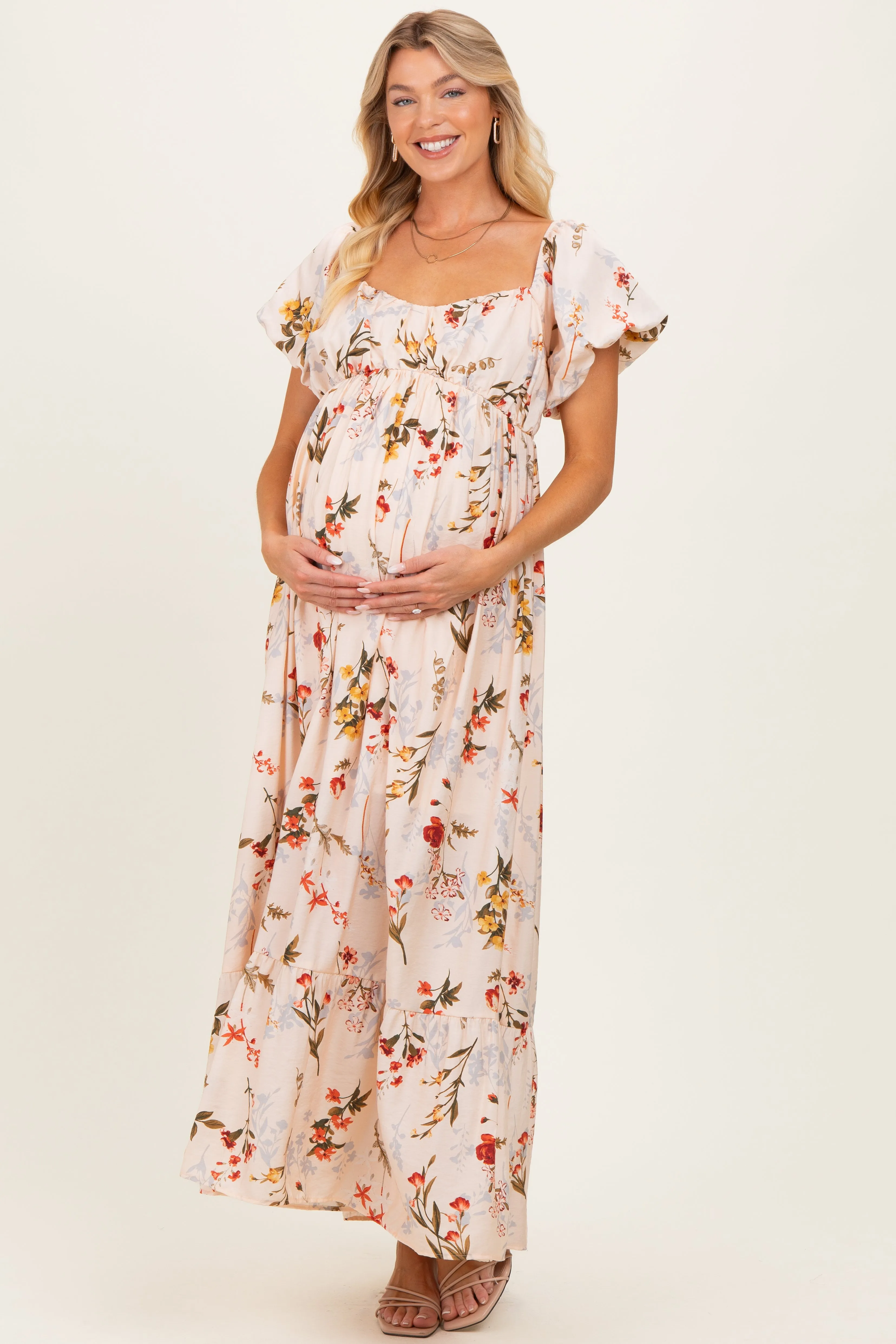 Cream Floral Puff Sleeve Maternity Maxi Dress sold by Pinkblush product image thumbnail 2