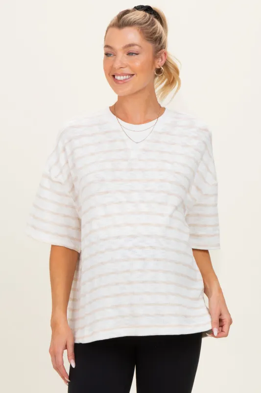 Beige Oversized Striped Maternity Short Sleeve Top made by HYFVE