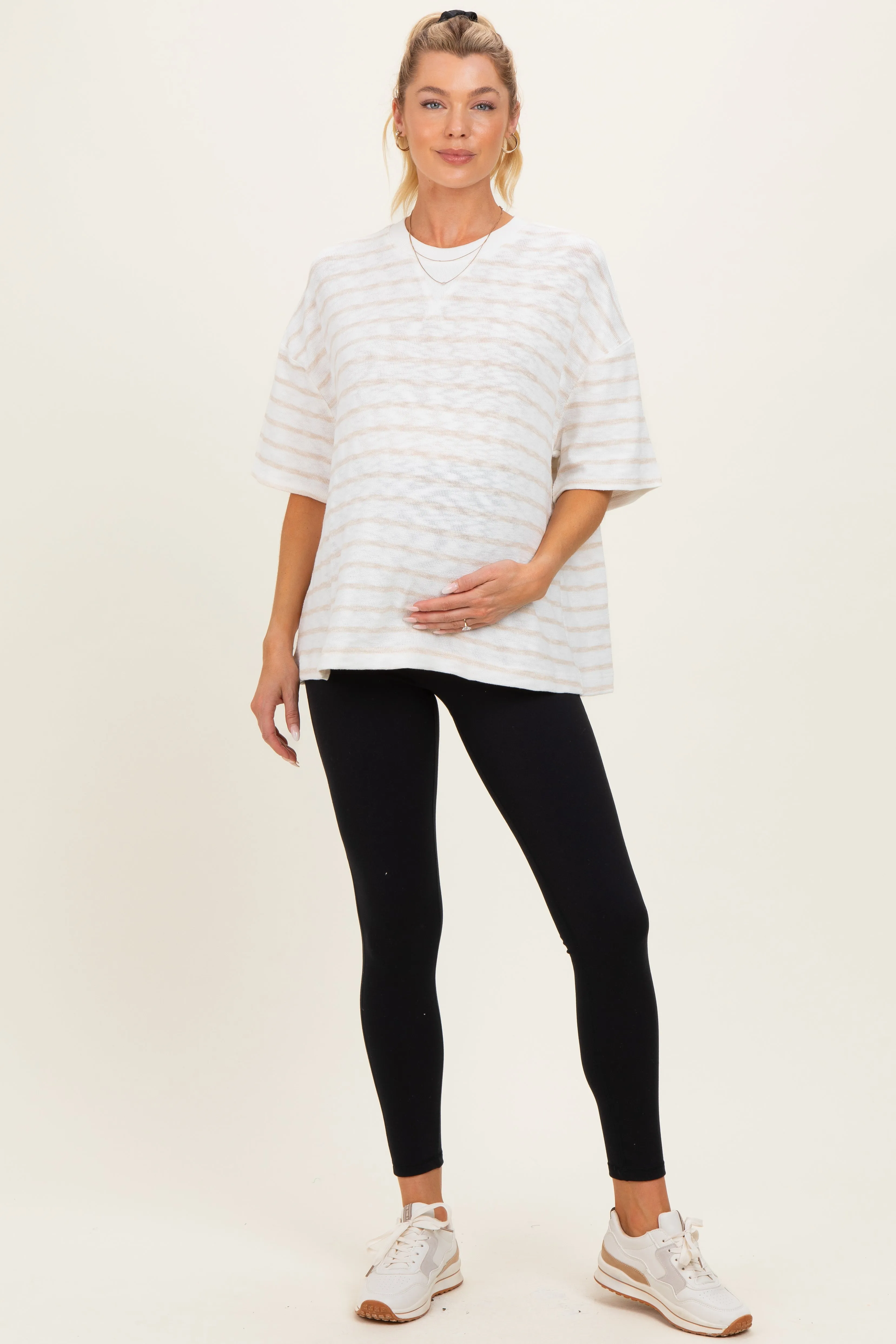 Beige Oversized Striped Maternity Short Sleeve Top sold by Pinkblush product image thumbnail 2