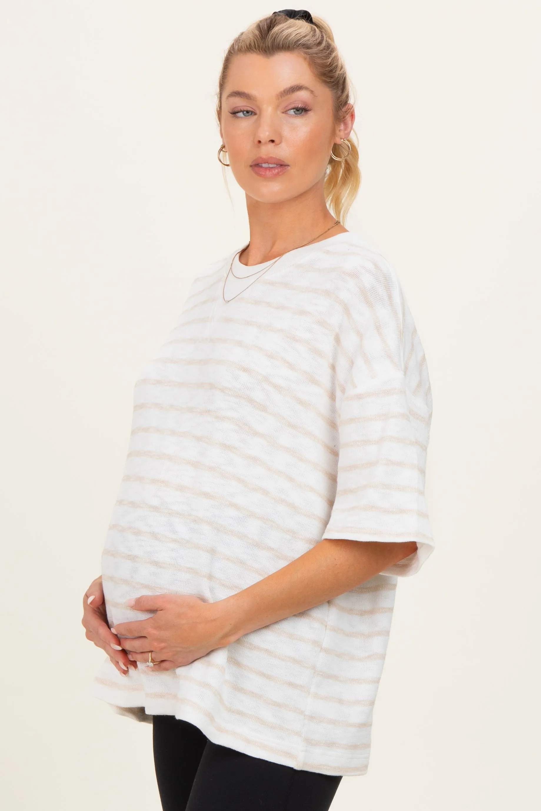 Beige Oversized Striped Maternity Short Sleeve Top sold by Pinkblush product image thumbnail 3