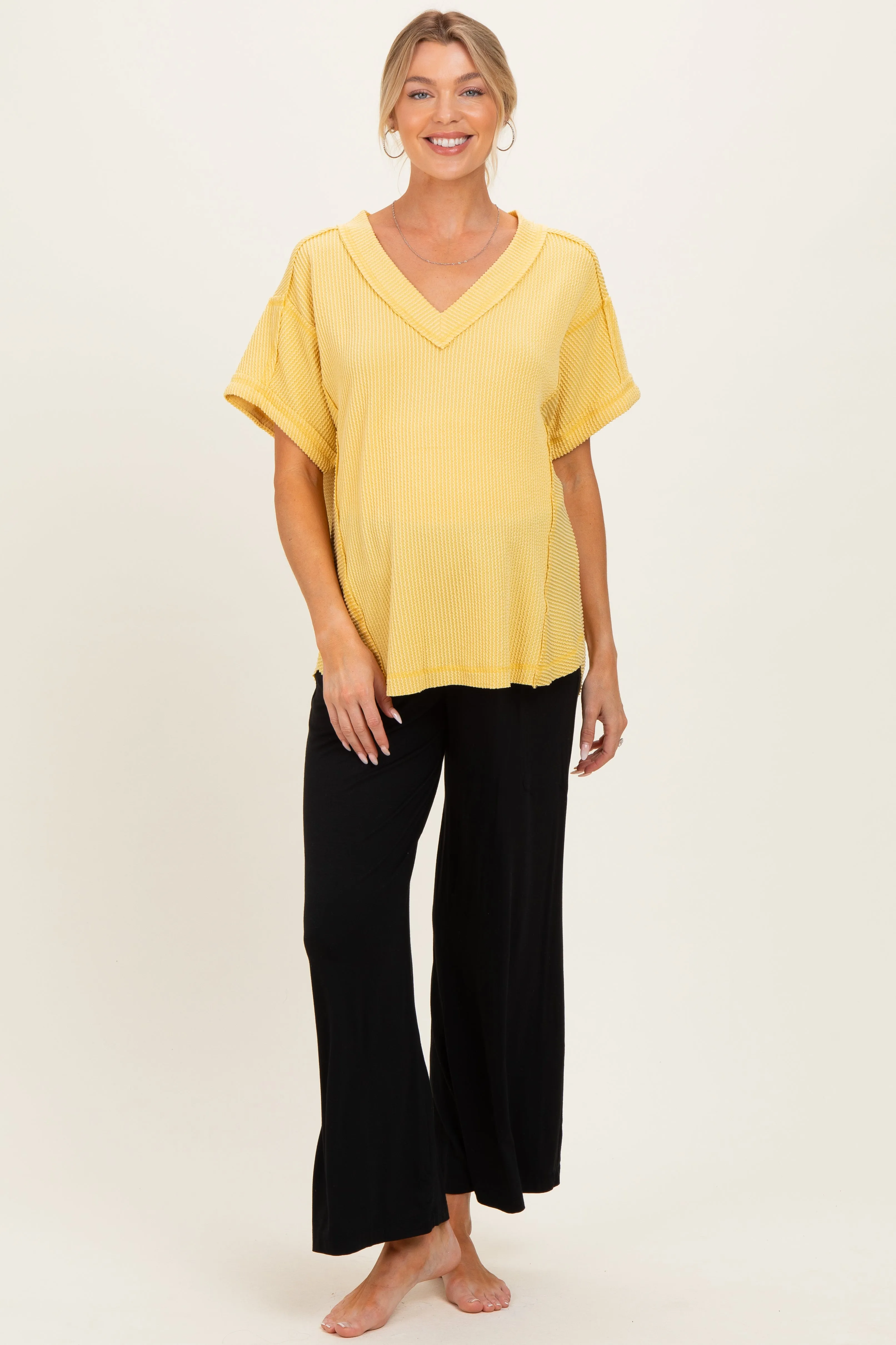 Yellow Ribbed Raw Hem Maternity Short Sleeve Top sold by Pinkblush product image thumbnail 2