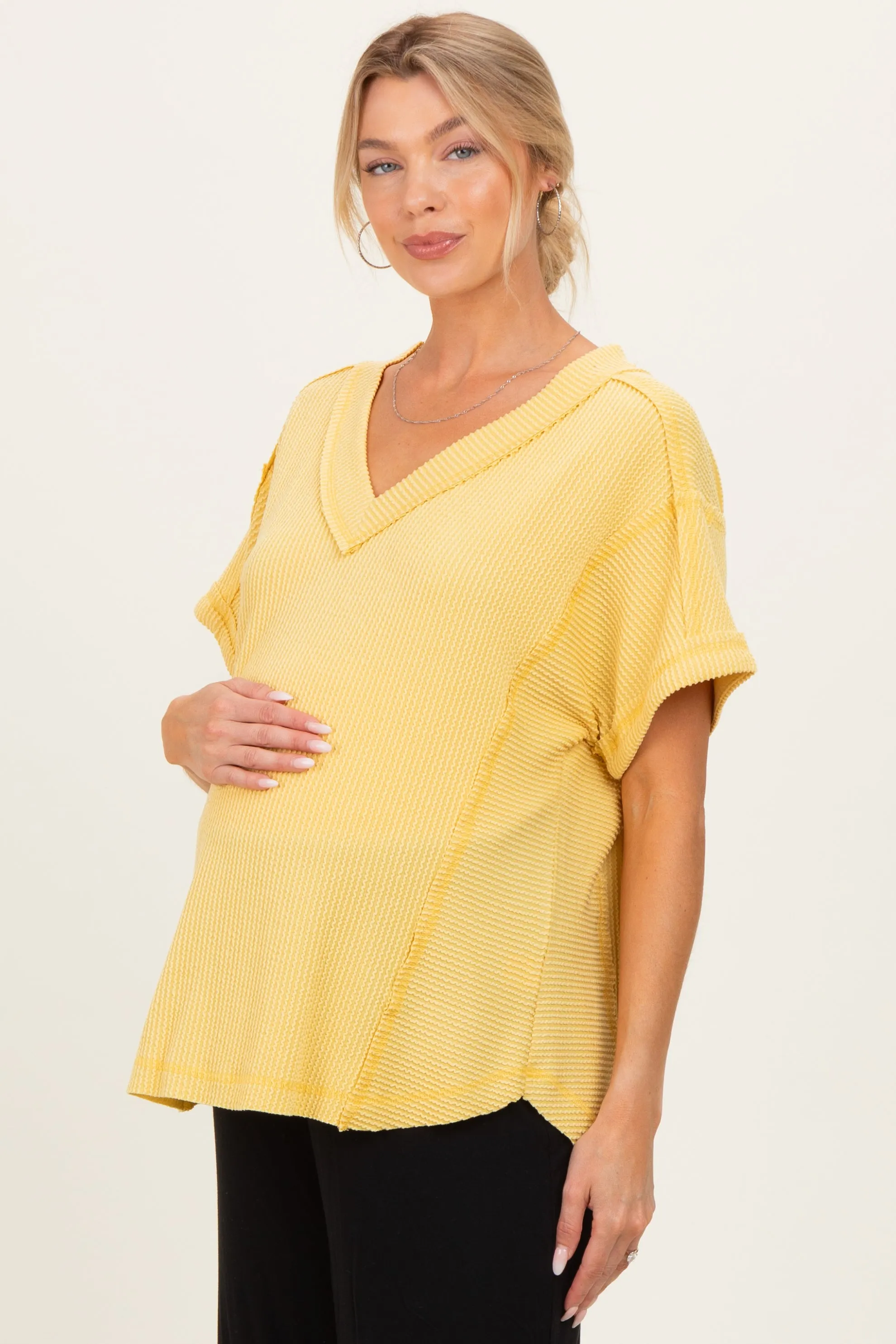 Yellow Ribbed Raw Hem Maternity Short Sleeve Top sold by Pinkblush product image thumbnail 3
