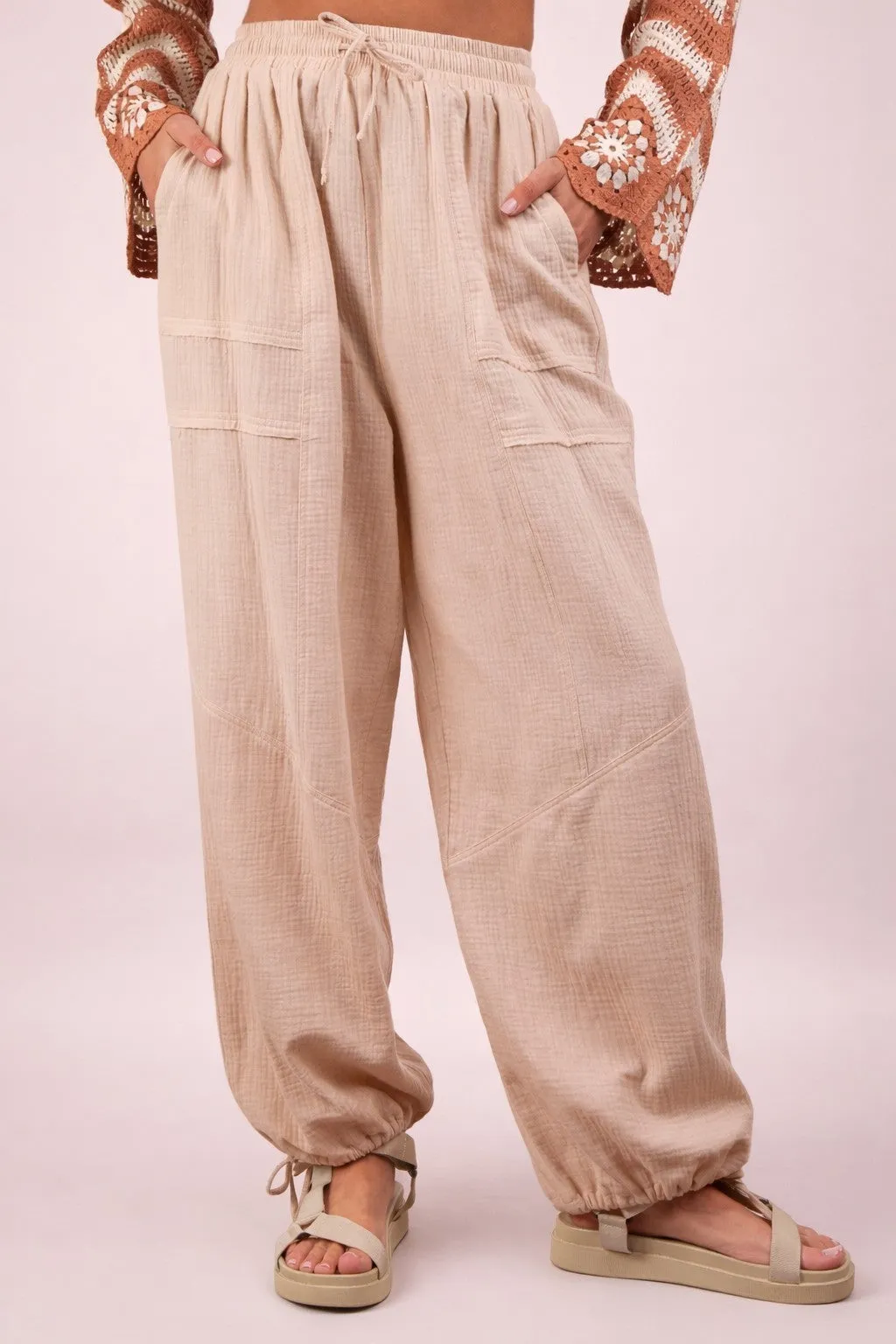 Natural Gauze Cinched Hem Pants sold by Pinkblush