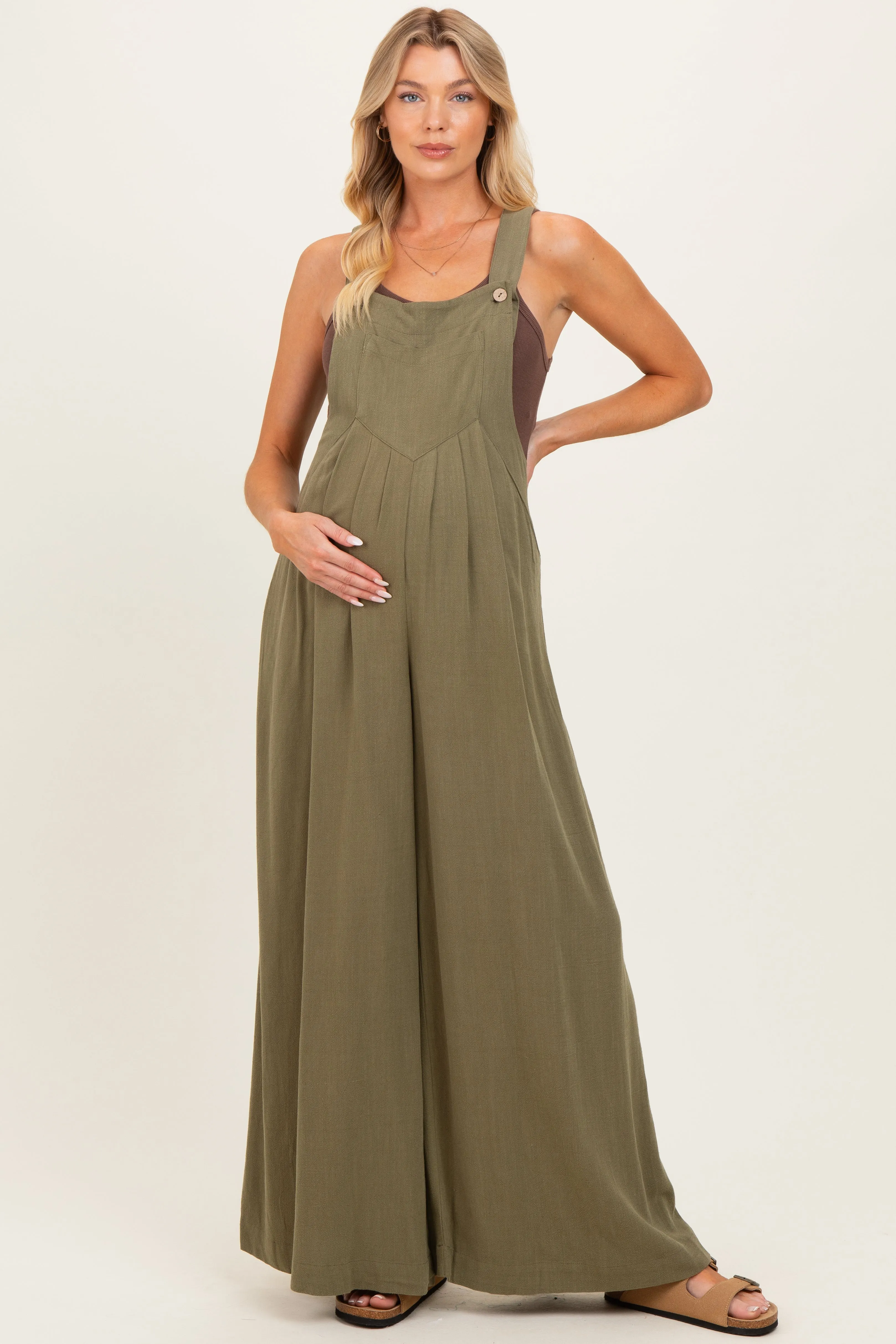 Olive Super Wide Leg Overall Maternity Jumpsuit sold by Pinkblush product image thumbnail 2