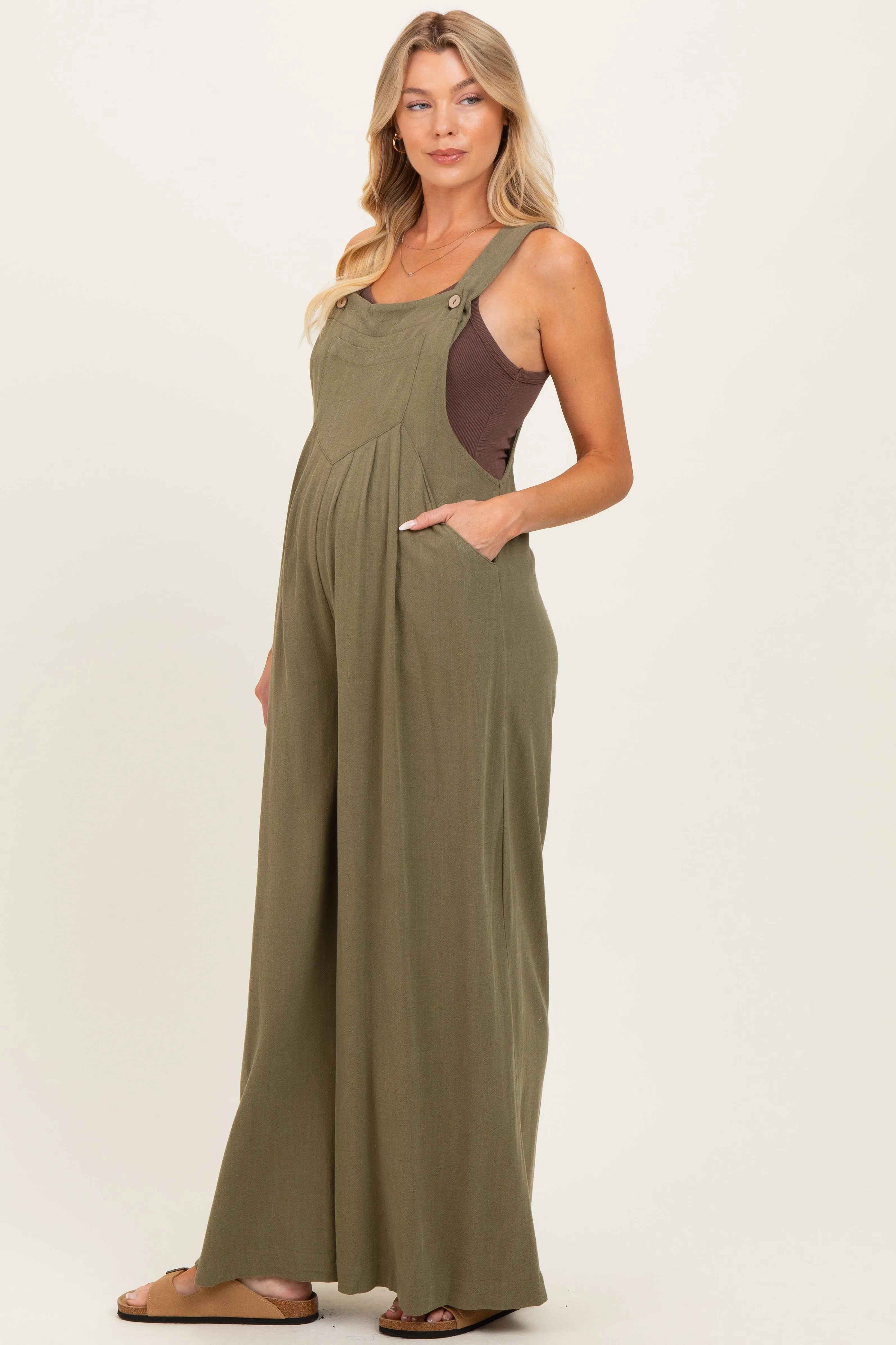 Olive Super Wide Leg Overall Maternity Jumpsuit sold by Pinkblush