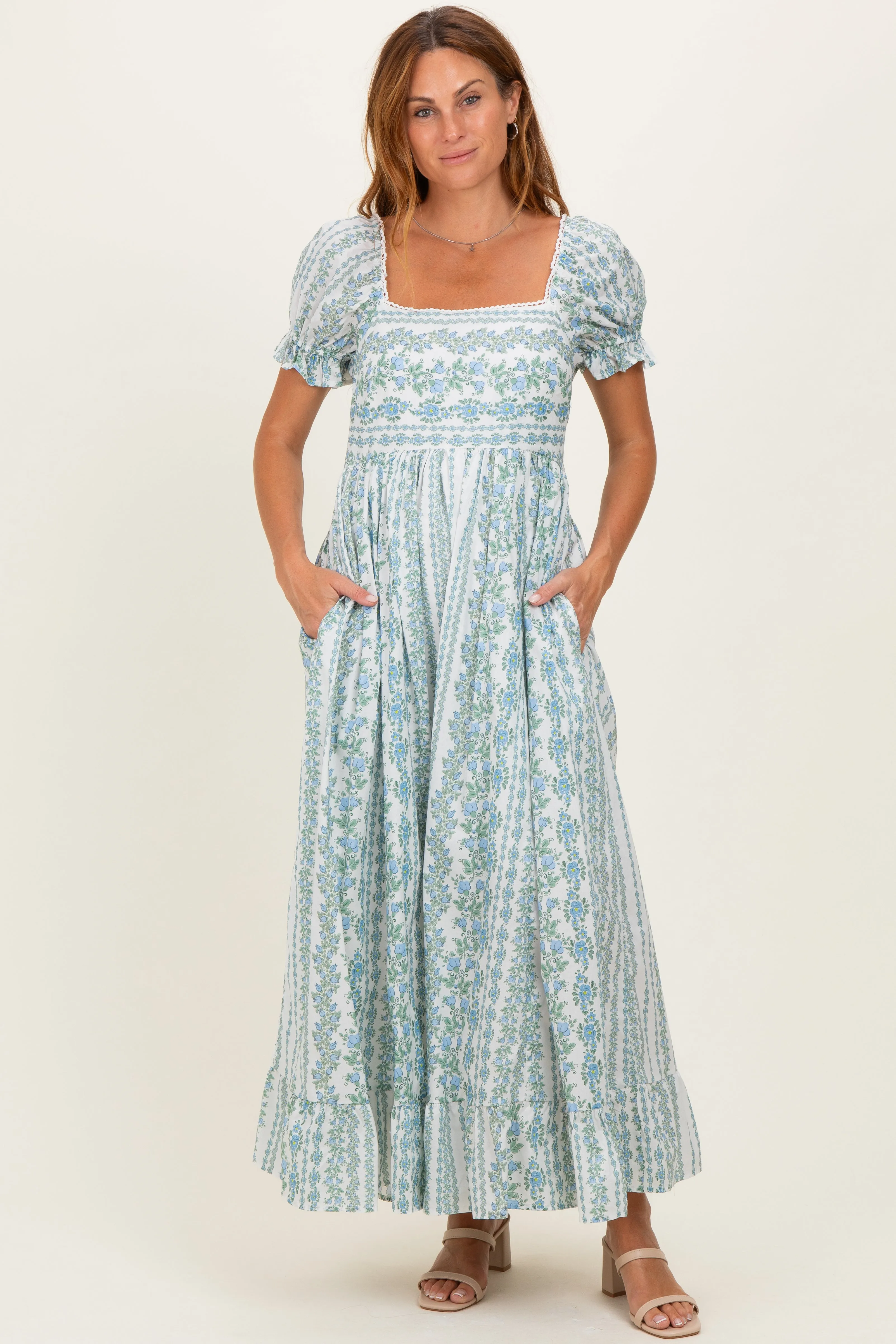 Light Blue Floral Puff Sleeve Lace Trim Maxi Dress sold by Pinkblush product image thumbnail 2
